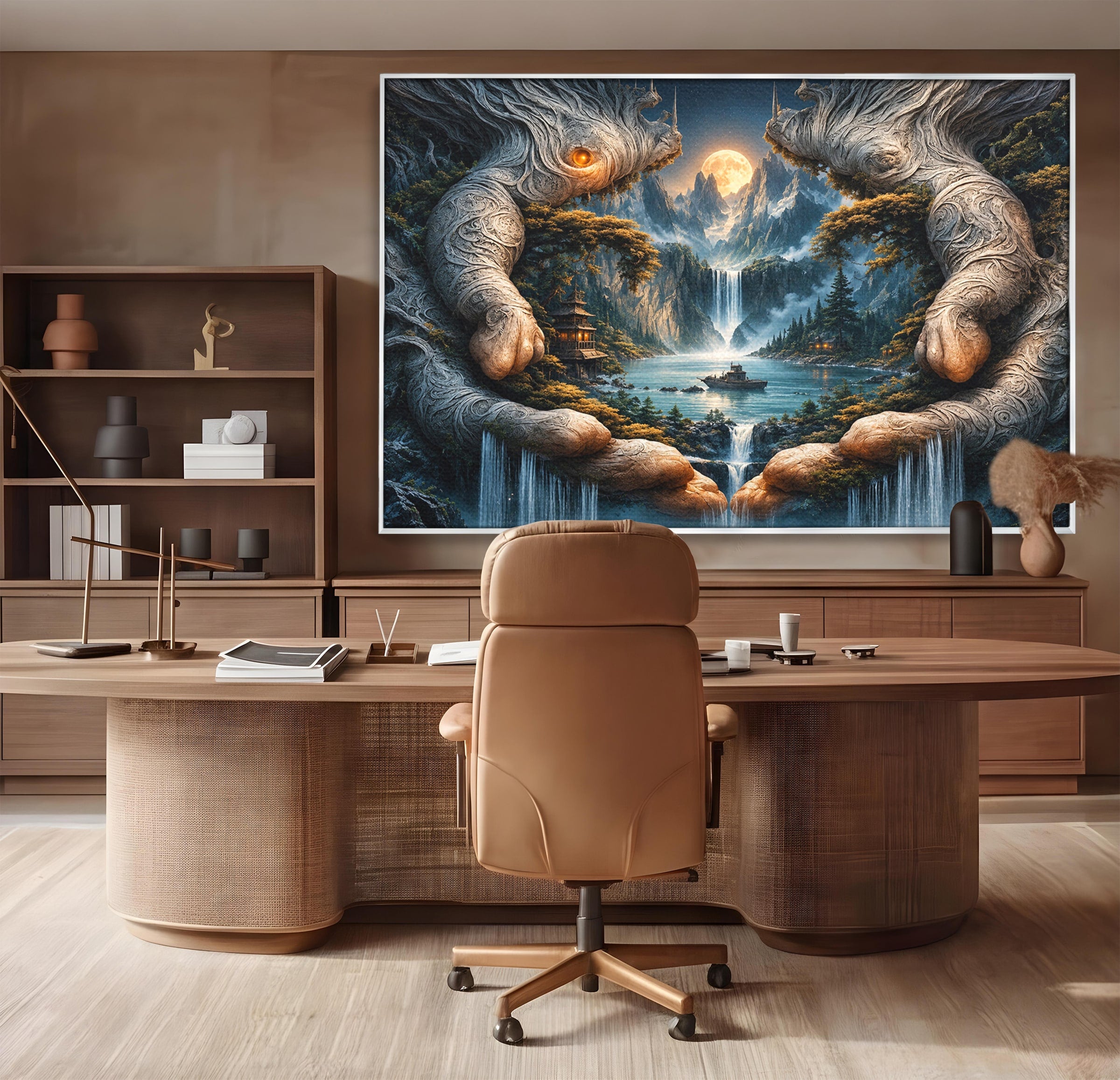 Tablou Canvas Premium LuxCanva® U1148, Peisaj Mistic Cu Cascade, Maini, Protectie, Fantezie, Living, Culori Vibrante