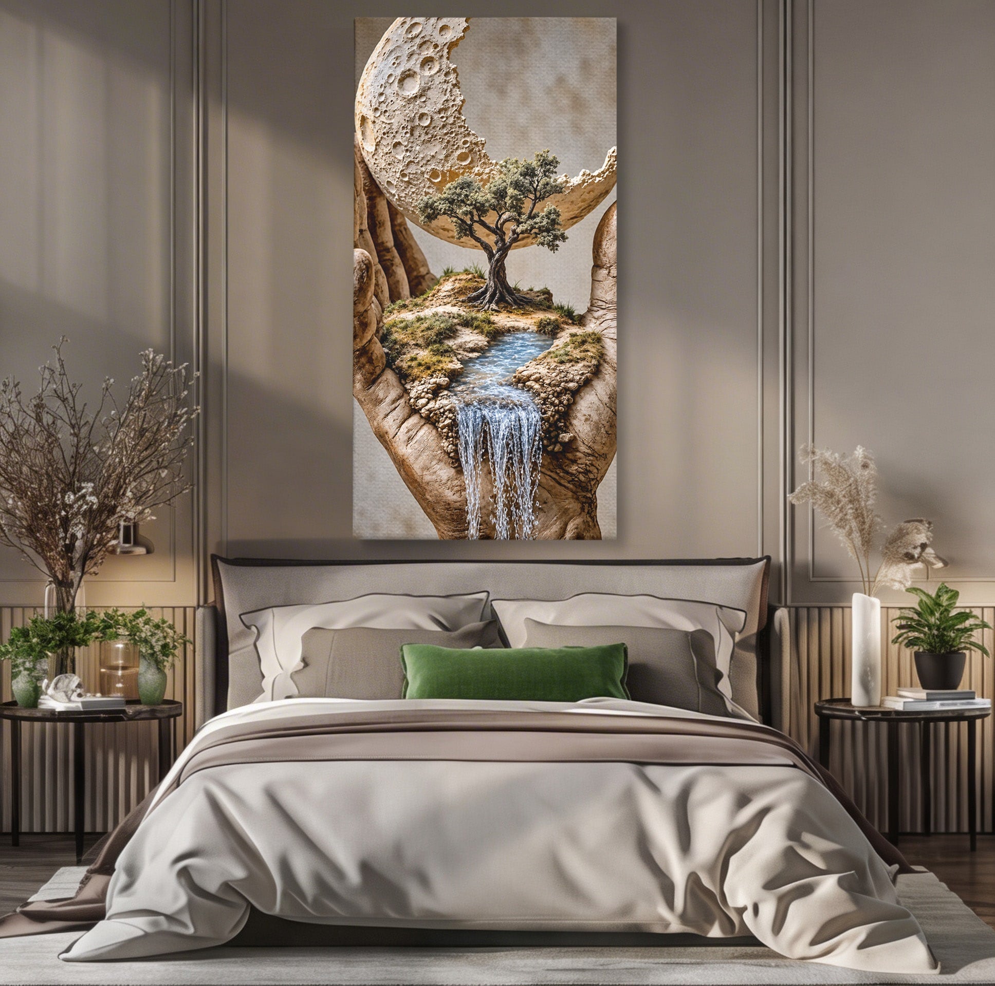 Tablou Canvas Premium LuxCanva® U1149, Lumea In Mainile Tale, Luna, Copac, Apa, Natura, Living, Culori Vibrante