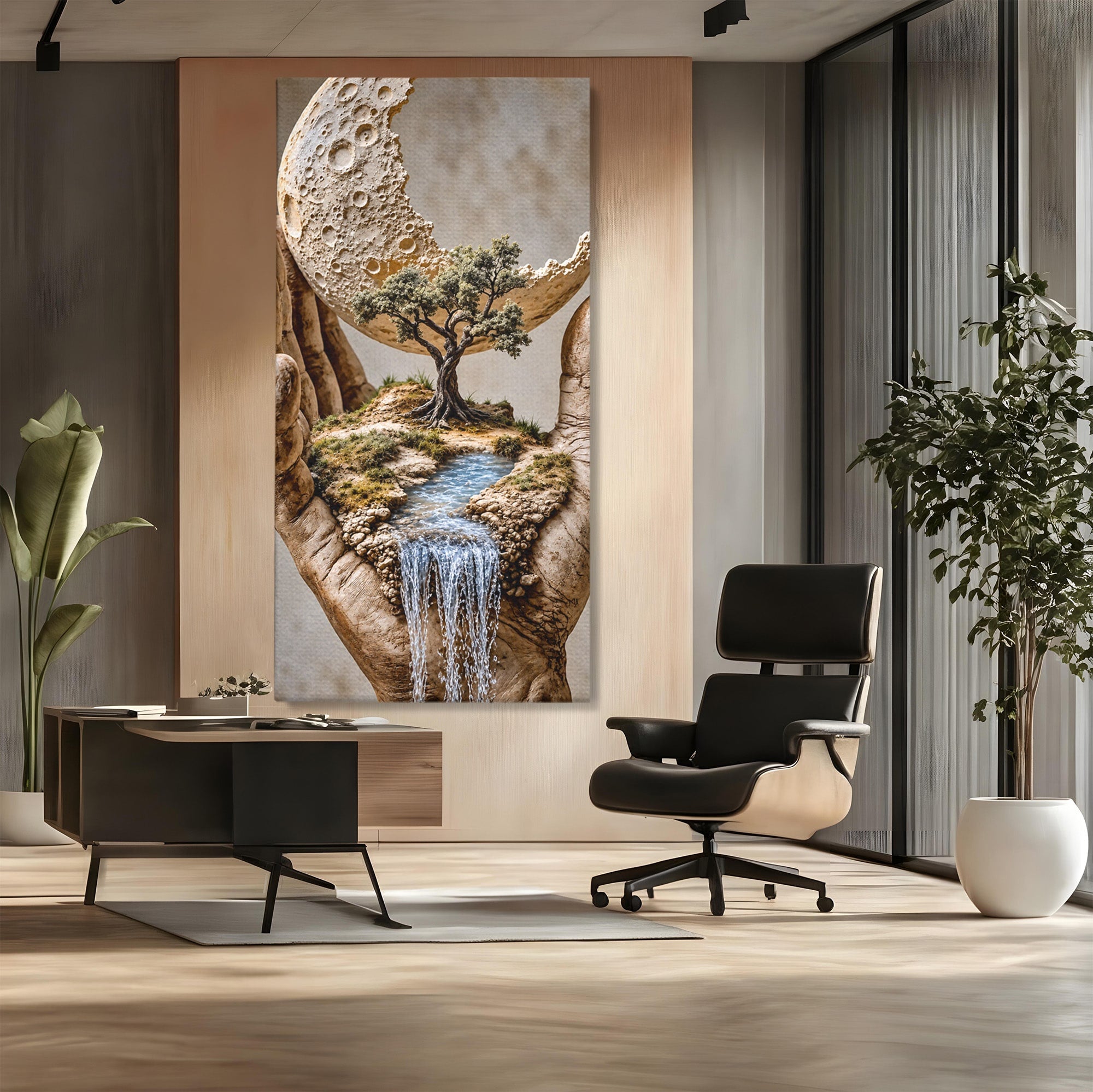 Tablou Canvas Premium LuxCanva® U1149, Lumea In Mainile Tale, Luna, Copac, Apa, Natura, Living, Culori Vibrante