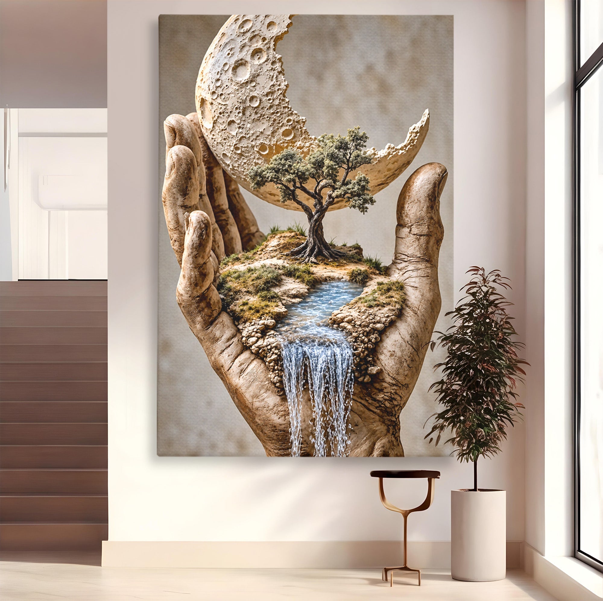 Tablou Canvas Premium LuxCanva® U1149, Lumea In Mainile Tale, Luna, Copac, Apa, Natura, Living, Culori Vibrante