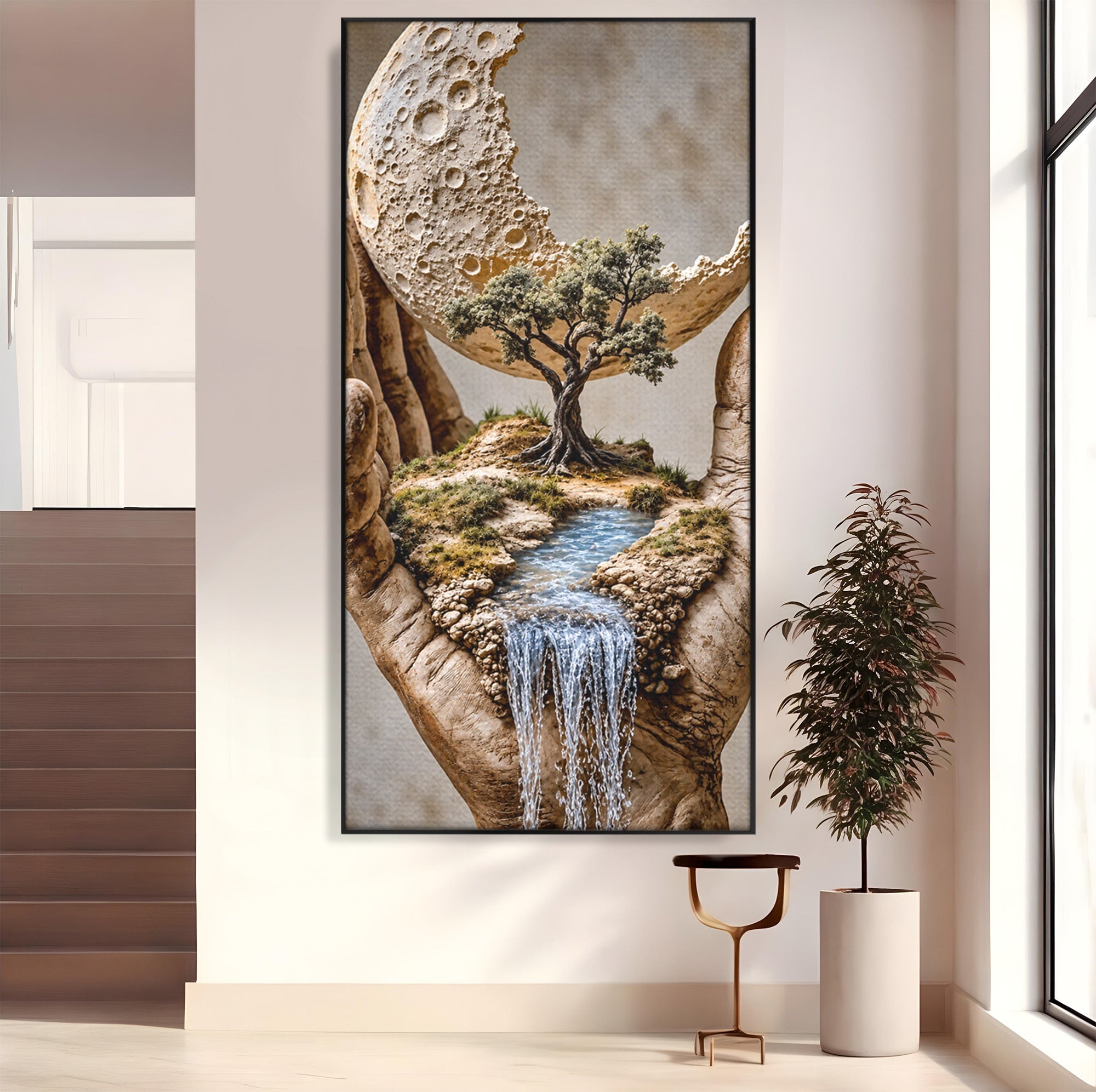 Tablou Canvas Premium LuxCanva® U1149, Lumea In Mainile Tale, Luna, Copac, Apa, Natura, Living, Culori Vibrante