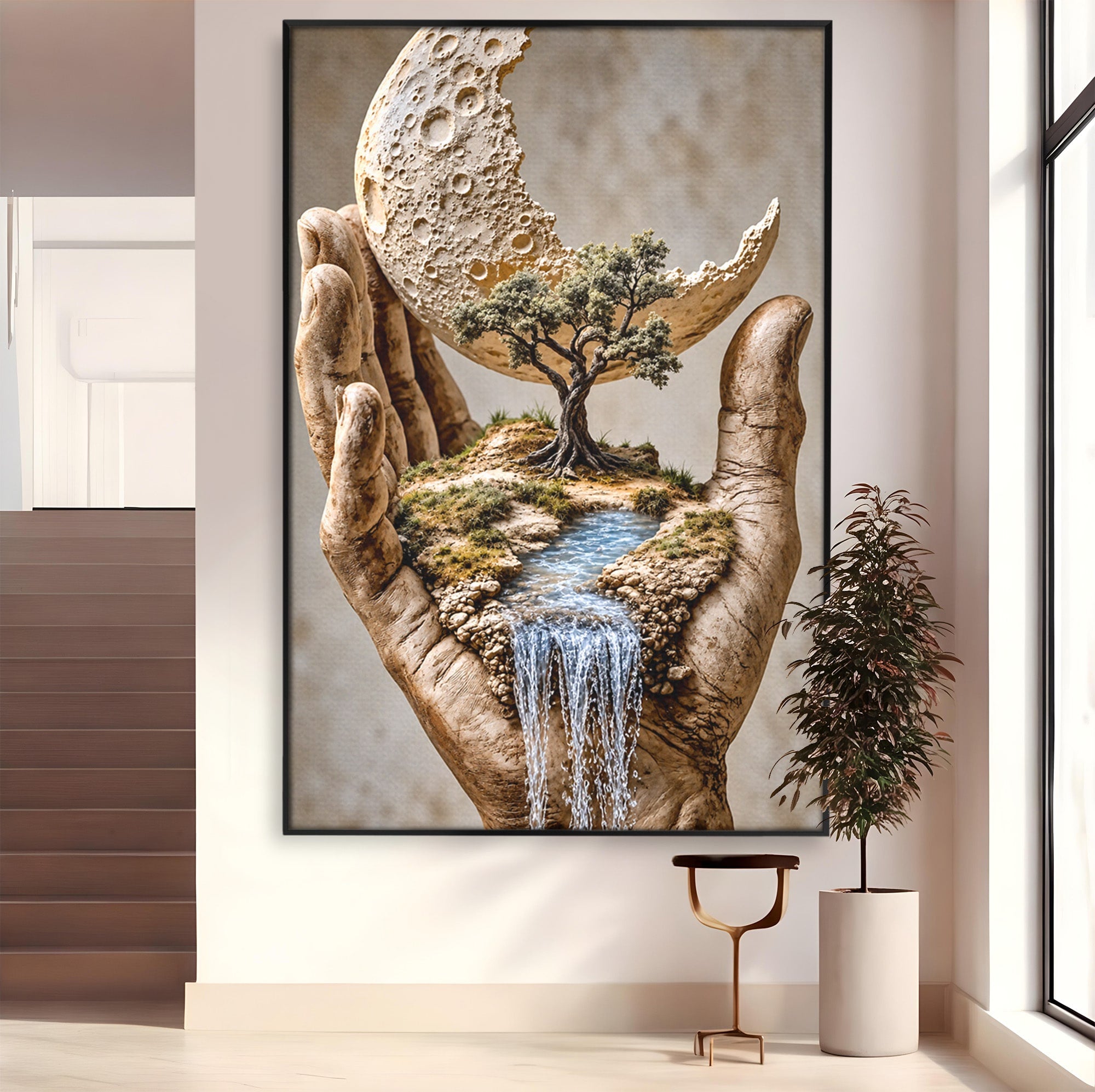 Tablou Canvas Premium LuxCanva® U1149, Lumea In Mainile Tale, Luna, Copac, Apa, Natura, Living, Culori Vibrante