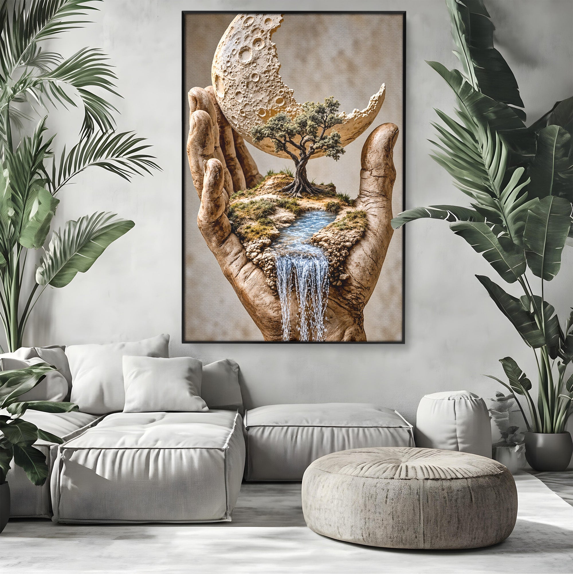 Tablou Canvas Premium LuxCanva® U1149, Lumea In Mainile Tale, Luna, Copac, Apa, Natura, Living, Culori Vibrante