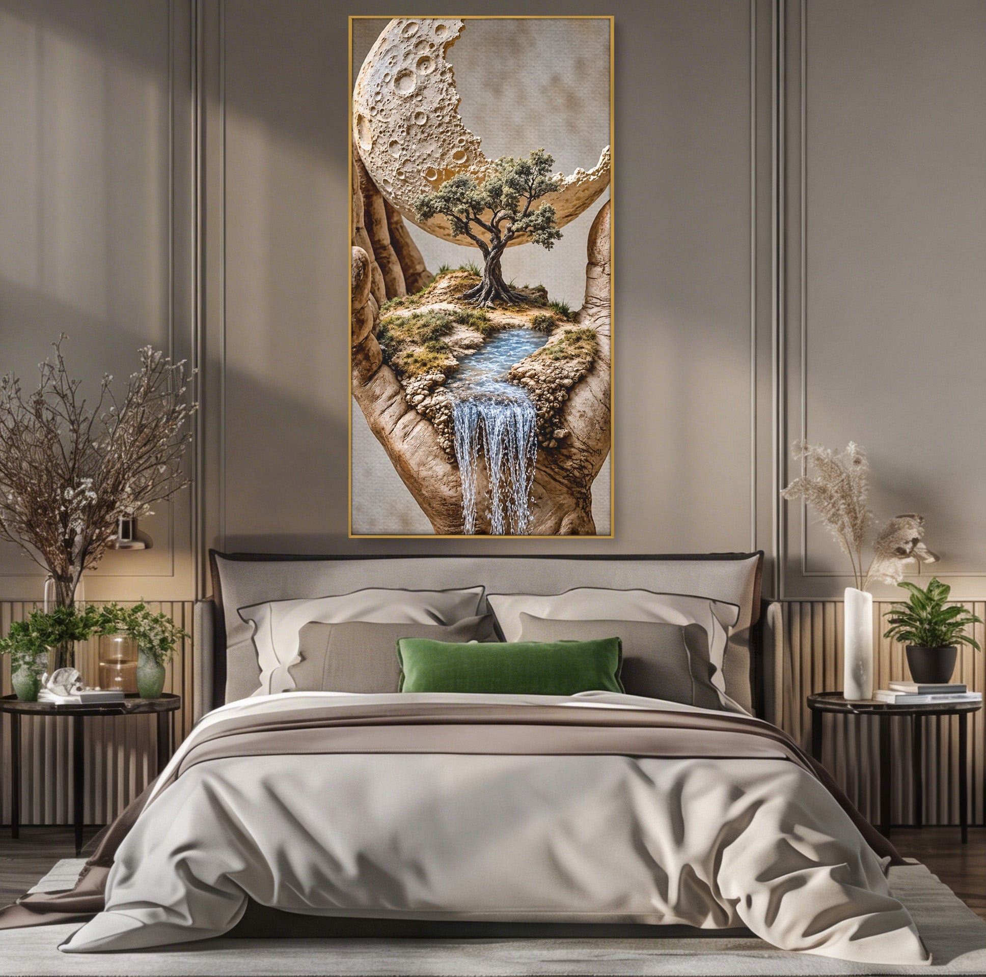 Tablou Canvas Premium LuxCanva® U1149, Lumea In Mainile Tale, Luna, Copac, Apa, Natura, Living, Culori Vibrante