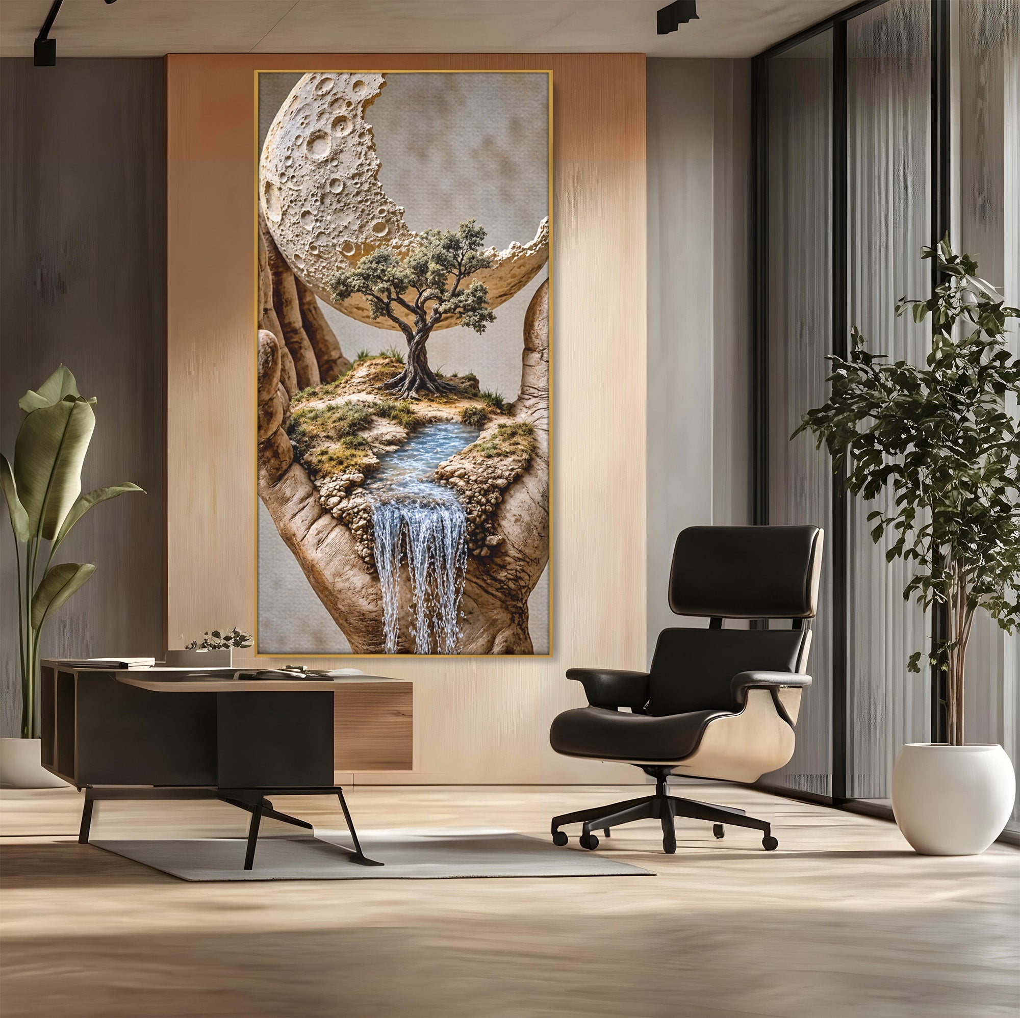Tablou Canvas Premium LuxCanva® U1149, Lumea In Mainile Tale, Luna, Copac, Apa, Natura, Living, Culori Vibrante