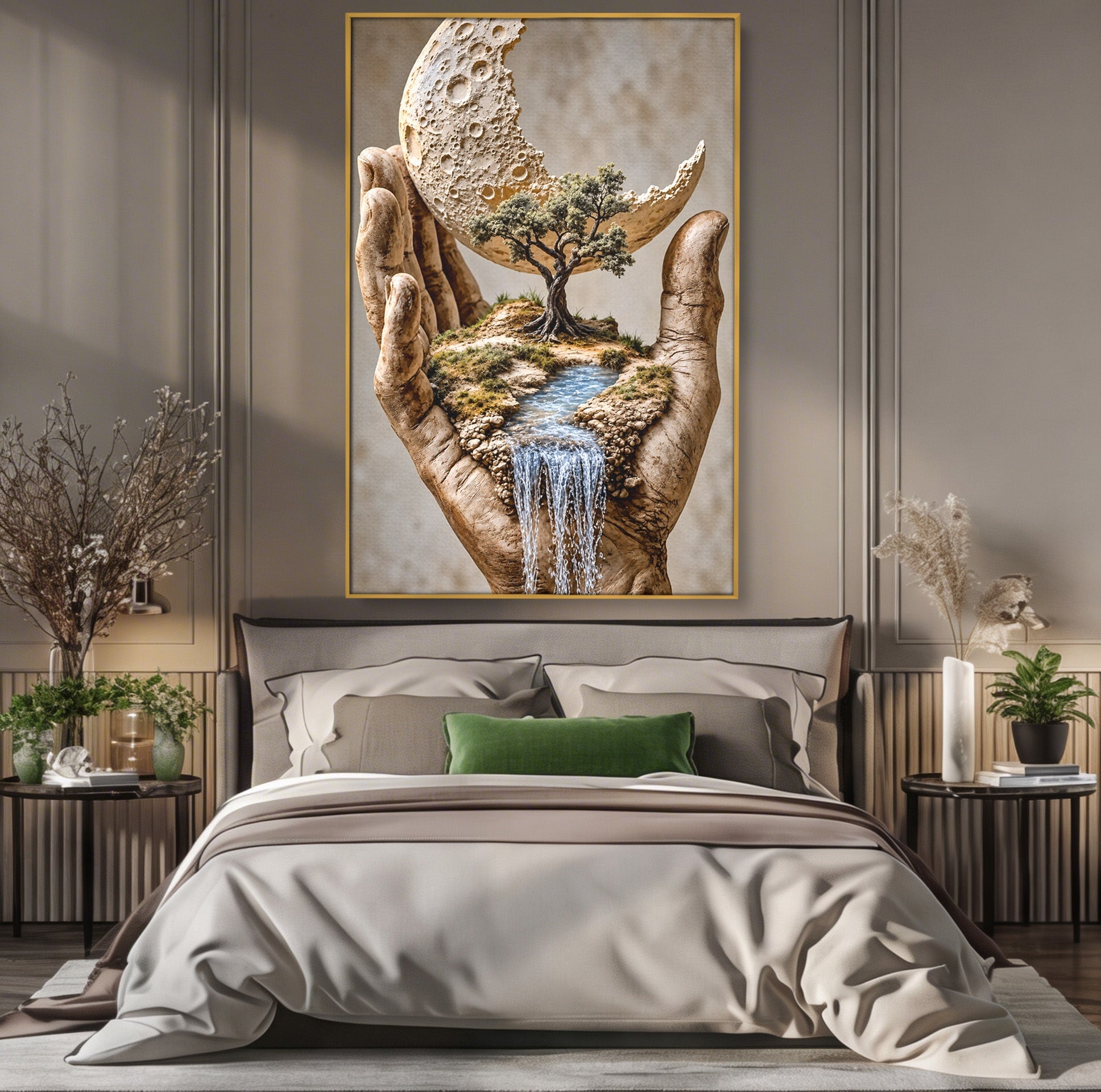 Tablou Canvas Premium LuxCanva® U1149, Lumea In Mainile Tale, Luna, Copac, Apa, Natura, Living, Culori Vibrante
