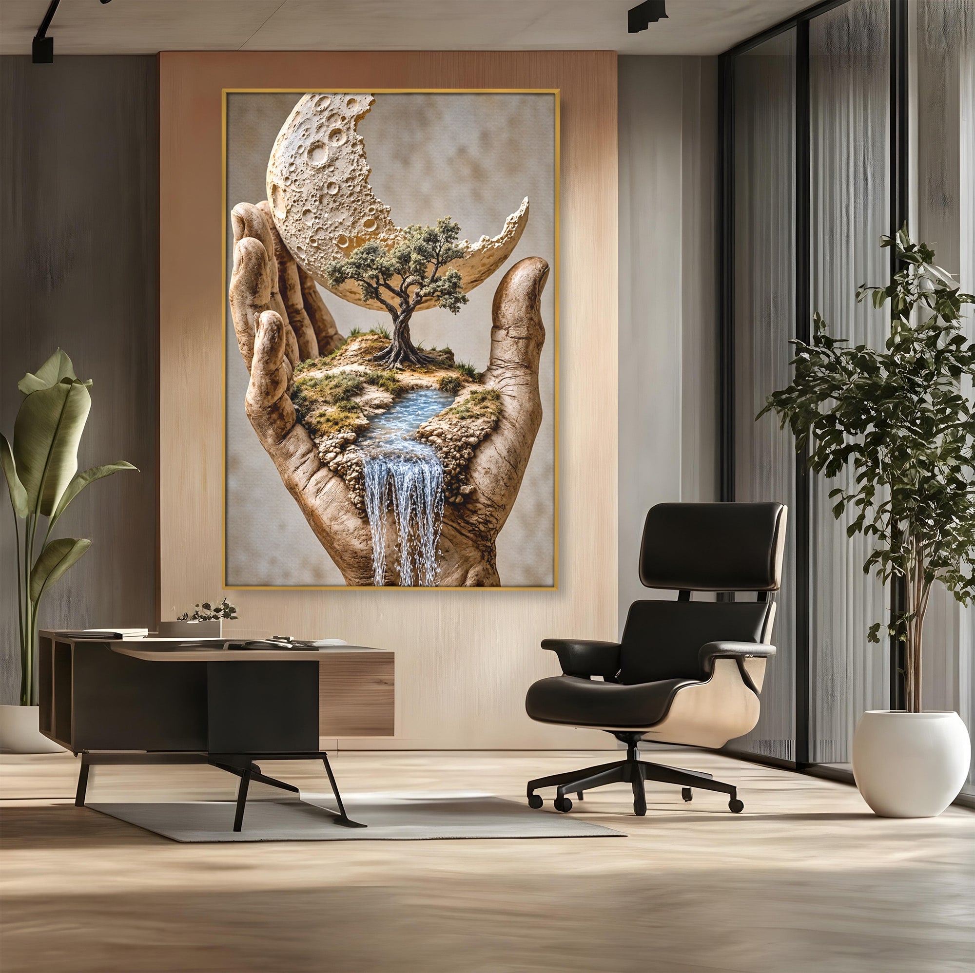Tablou Canvas Premium LuxCanva® U1149, Lumea In Mainile Tale, Luna, Copac, Apa, Natura, Living, Culori Vibrante