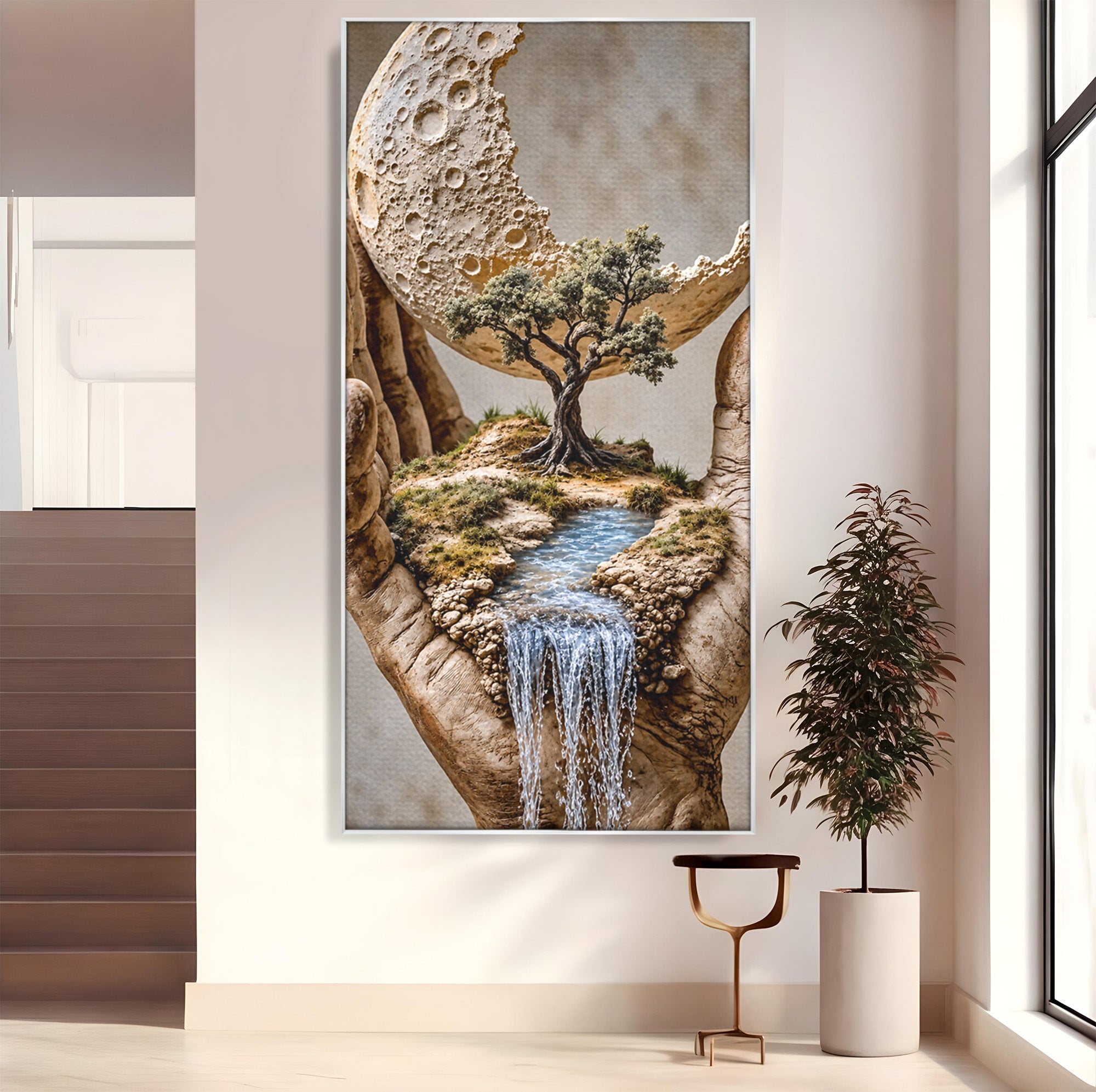 Tablou Canvas Premium LuxCanva® U1149, Lumea In Mainile Tale, Luna, Copac, Apa, Natura, Living, Culori Vibrante