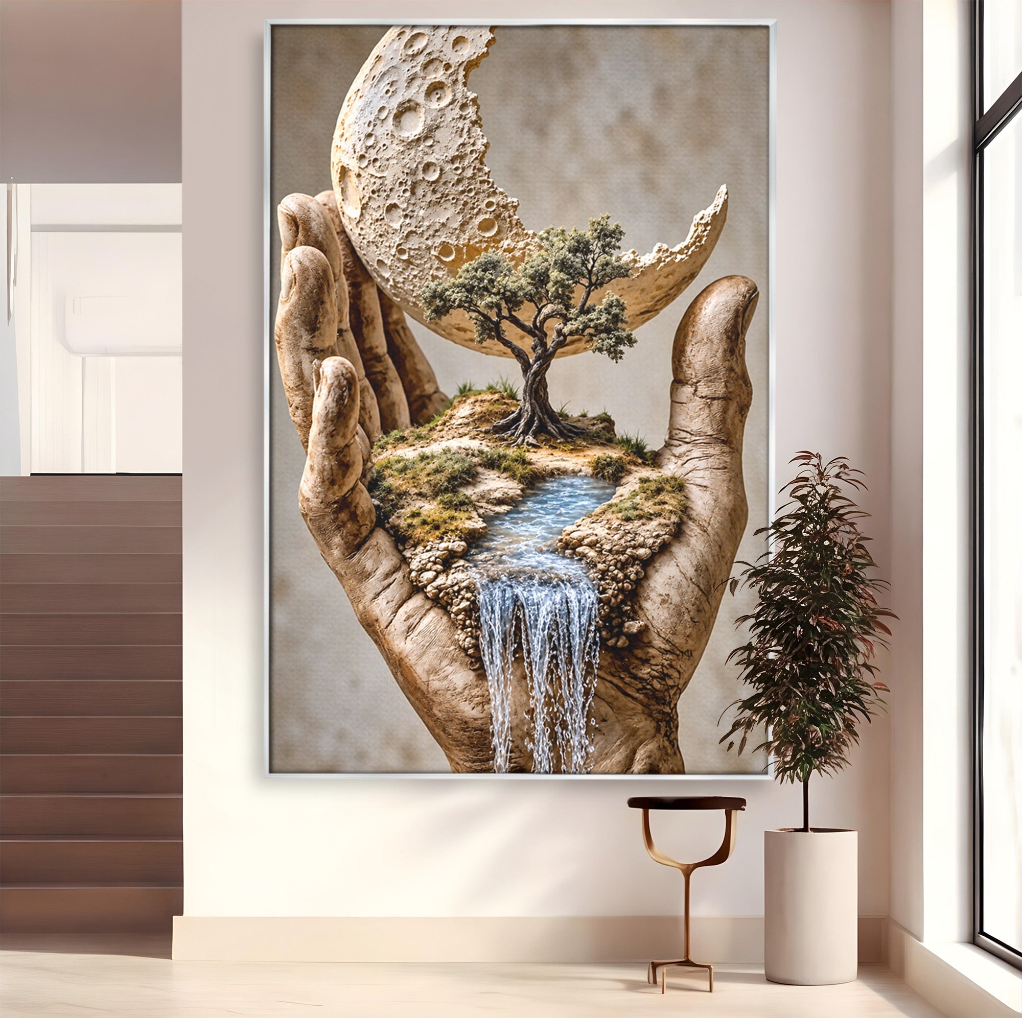 Tablou Canvas Premium LuxCanva® U1149, Lumea In Mainile Tale, Luna, Copac, Apa, Natura, Living, Culori Vibrante