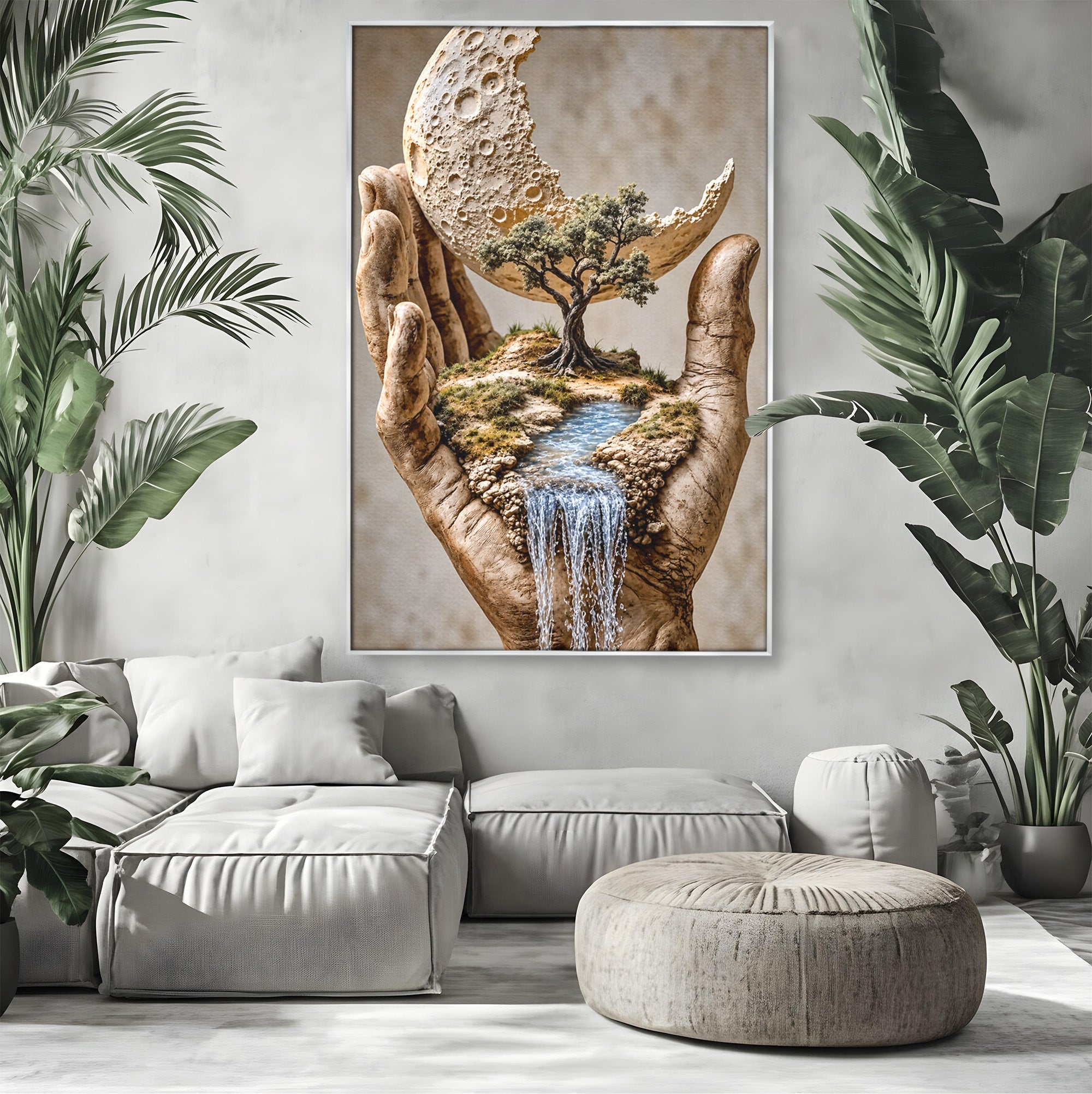 Tablou Canvas Premium LuxCanva® U1149, Lumea In Mainile Tale, Luna, Copac, Apa, Natura, Living, Culori Vibrante