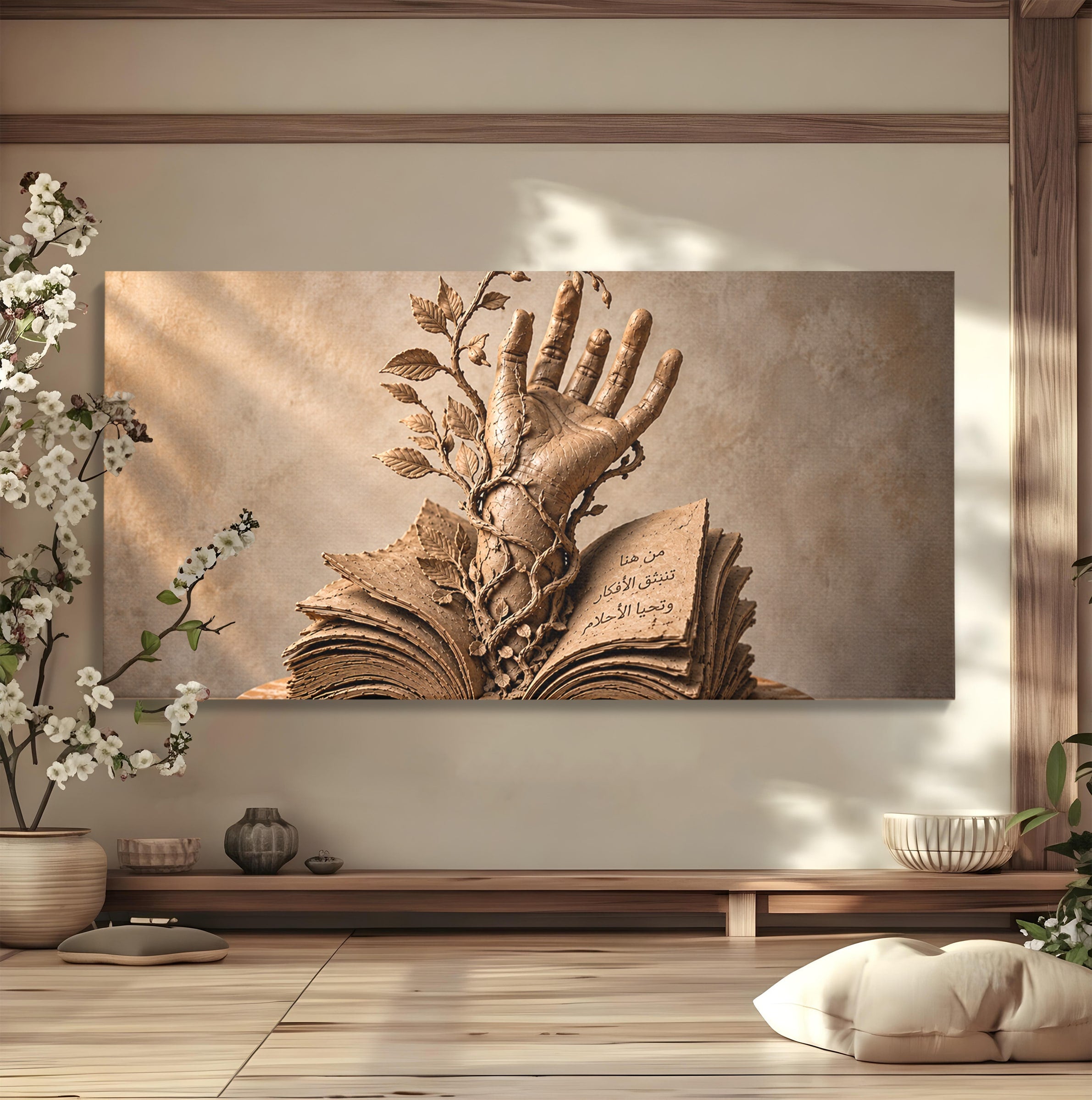 Tablou Canvas Premium LuxCanva® U1150, Mana Din Cartea Vietii, Sculptura, Natura, Mana, Carte, Birou, Culori Vibrante