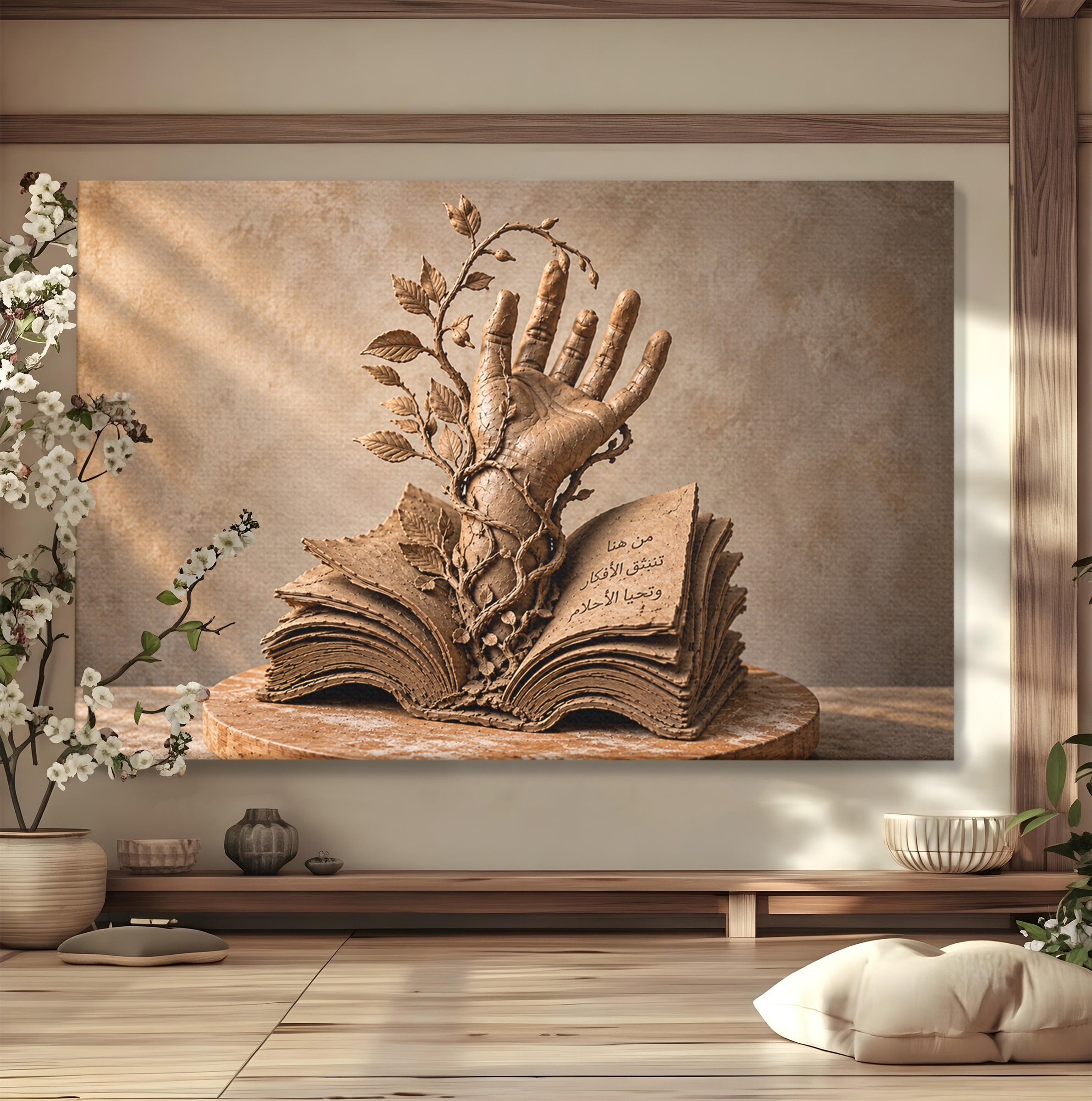 Tablou Canvas Premium LuxCanva® U1150, Mana Din Cartea Vietii, Sculptura, Natura, Mana, Carte, Birou, Culori Vibrante