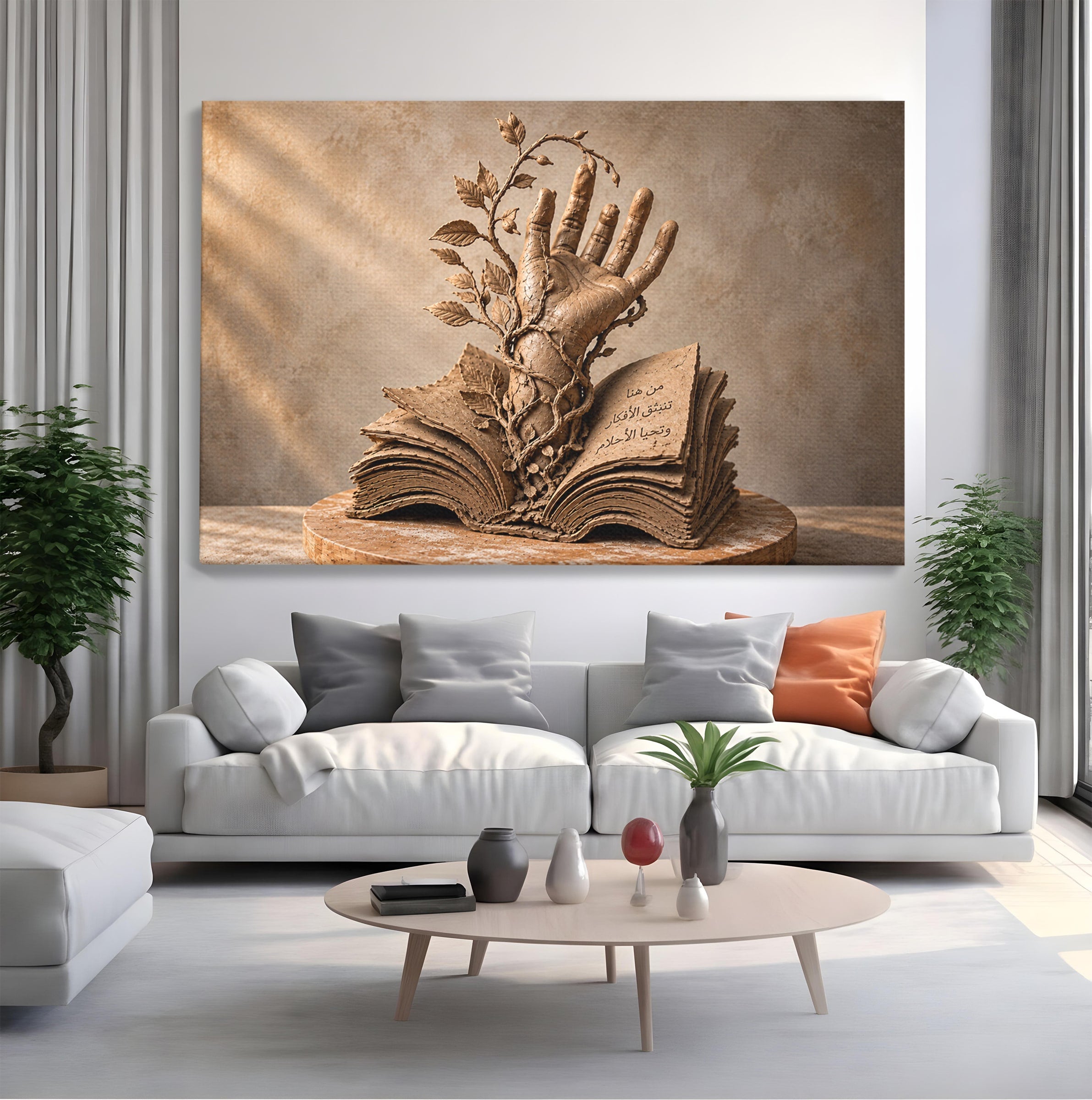 Tablou Canvas Premium LuxCanva® U1150, Mana Din Cartea Vietii, Sculptura, Natura, Mana, Carte, Birou, Culori Vibrante