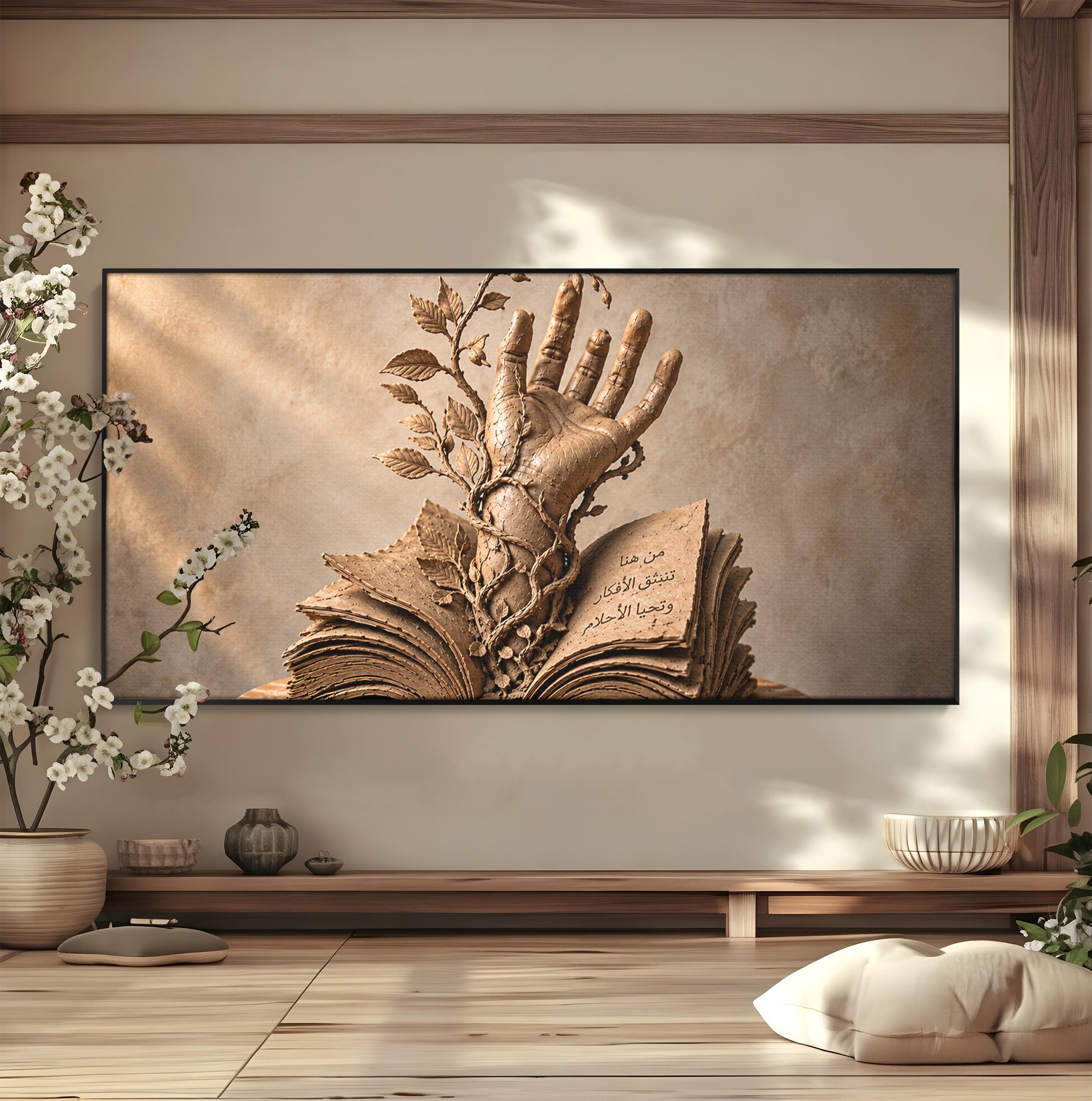 Tablou Canvas Premium LuxCanva® U1150, Mana Din Cartea Vietii, Sculptura, Natura, Mana, Carte, Birou, Culori Vibrante