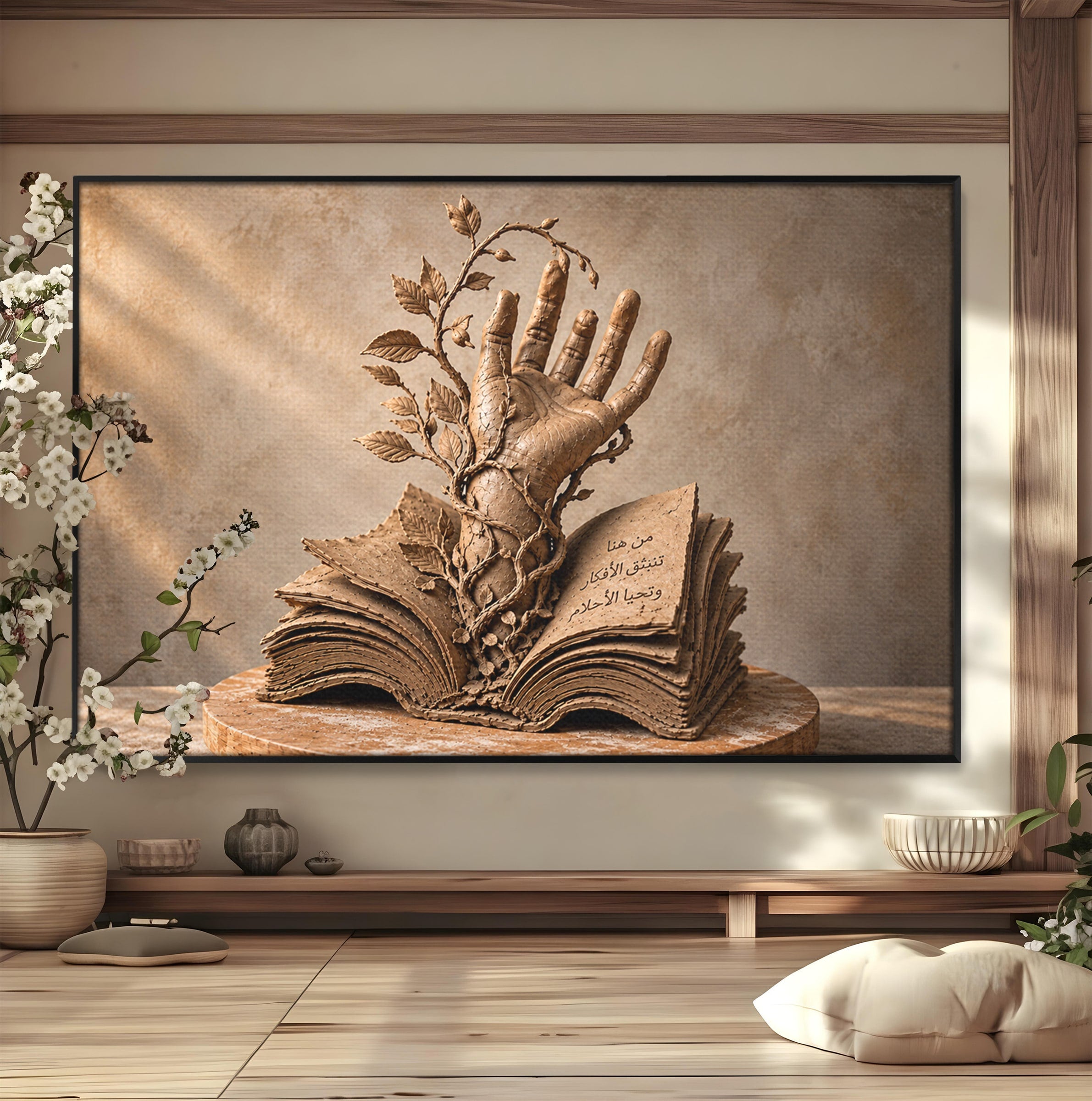 Tablou Canvas Premium LuxCanva® U1150, Mana Din Cartea Vietii, Sculptura, Natura, Mana, Carte, Birou, Culori Vibrante