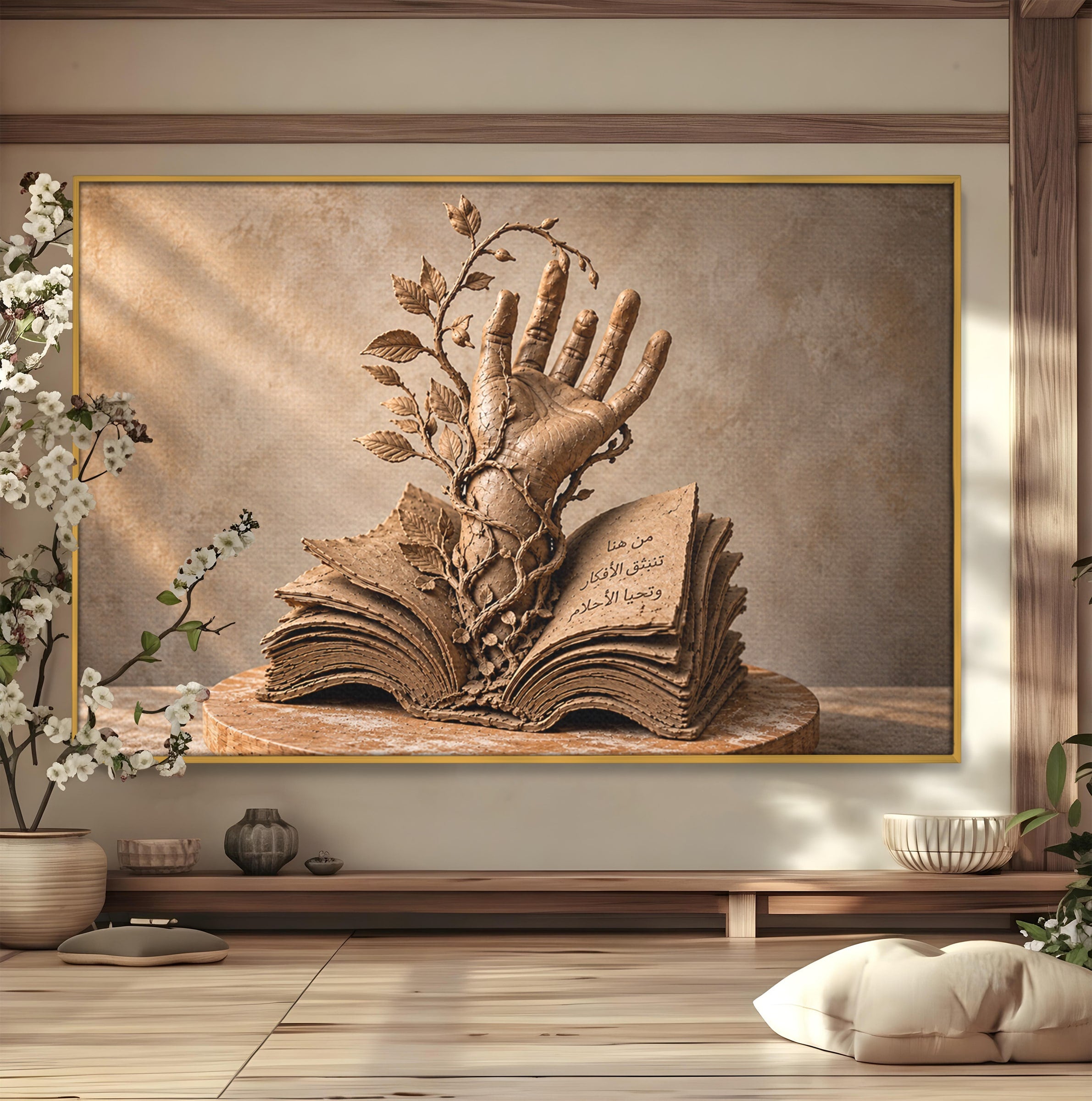 Tablou Canvas Premium LuxCanva® U1150, Mana Din Cartea Vietii, Sculptura, Natura, Mana, Carte, Birou, Culori Vibrante