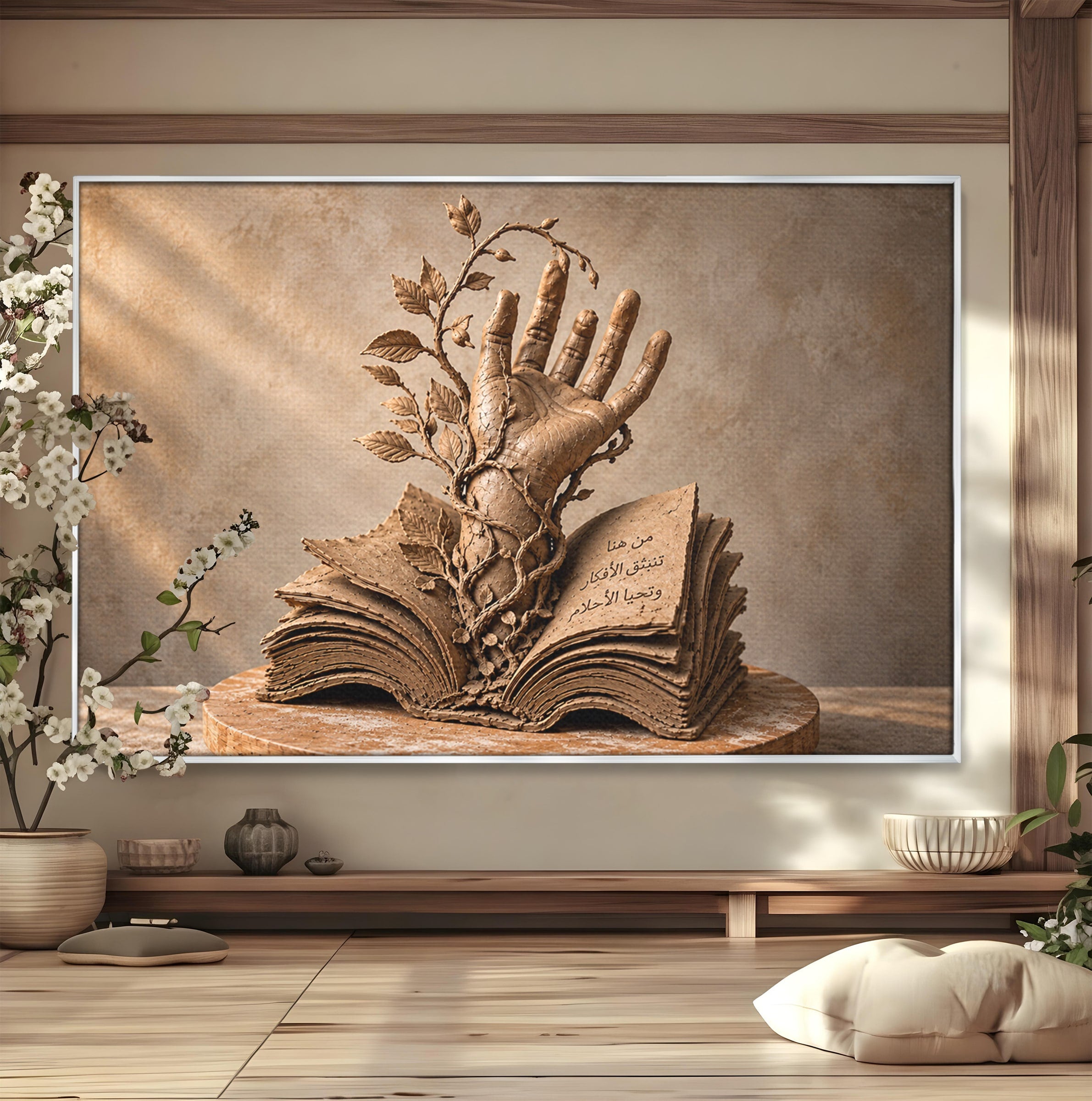 Tablou Canvas Premium LuxCanva® U1150, Mana Din Cartea Vietii, Sculptura, Natura, Mana, Carte, Birou, Culori Vibrante