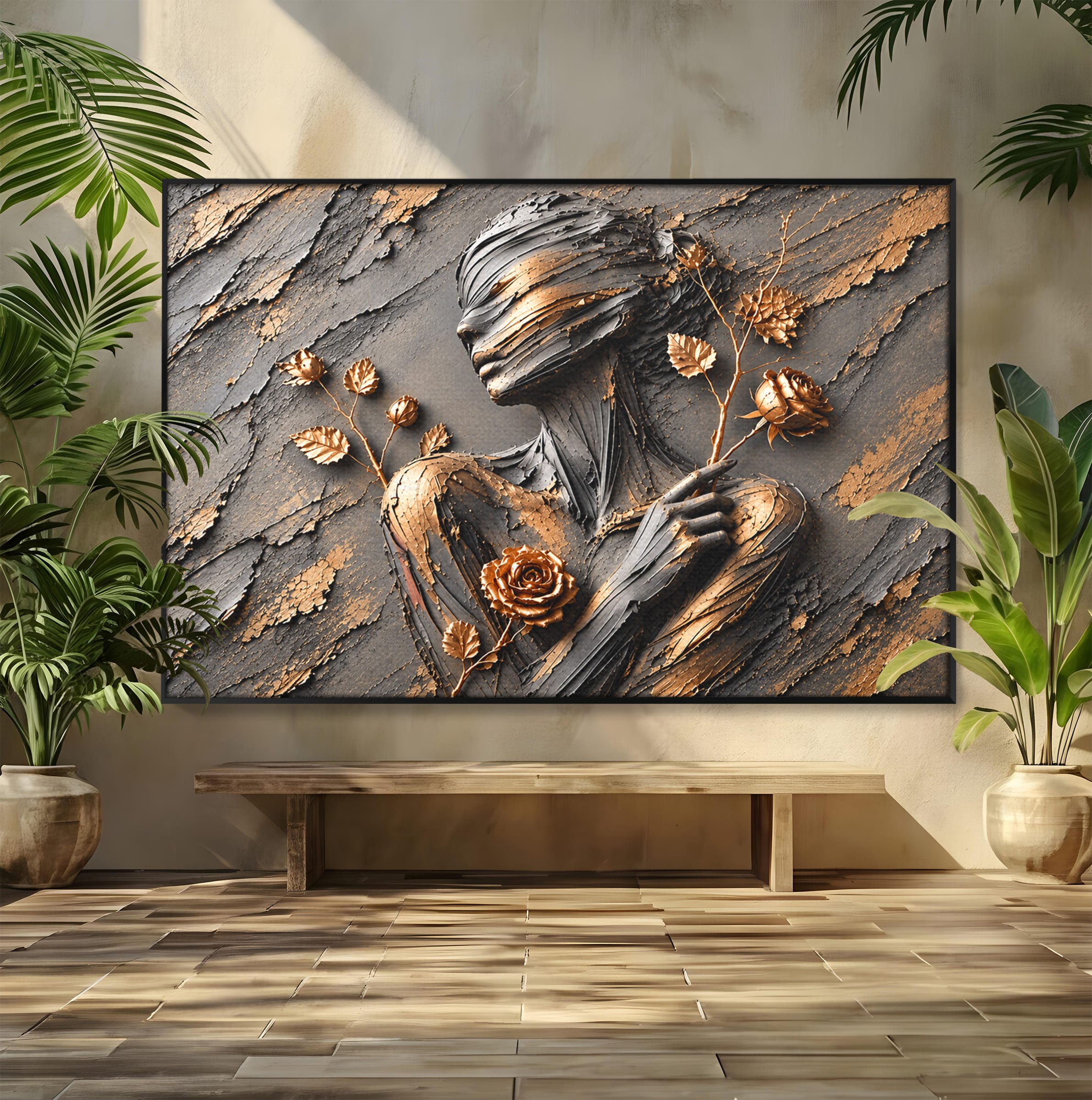 Tablou Canvas Premium LuxCanva® U1151, Femeie Sculptata In Flori, Arta, Sculptura, Flori, Living, Culori Vibrante