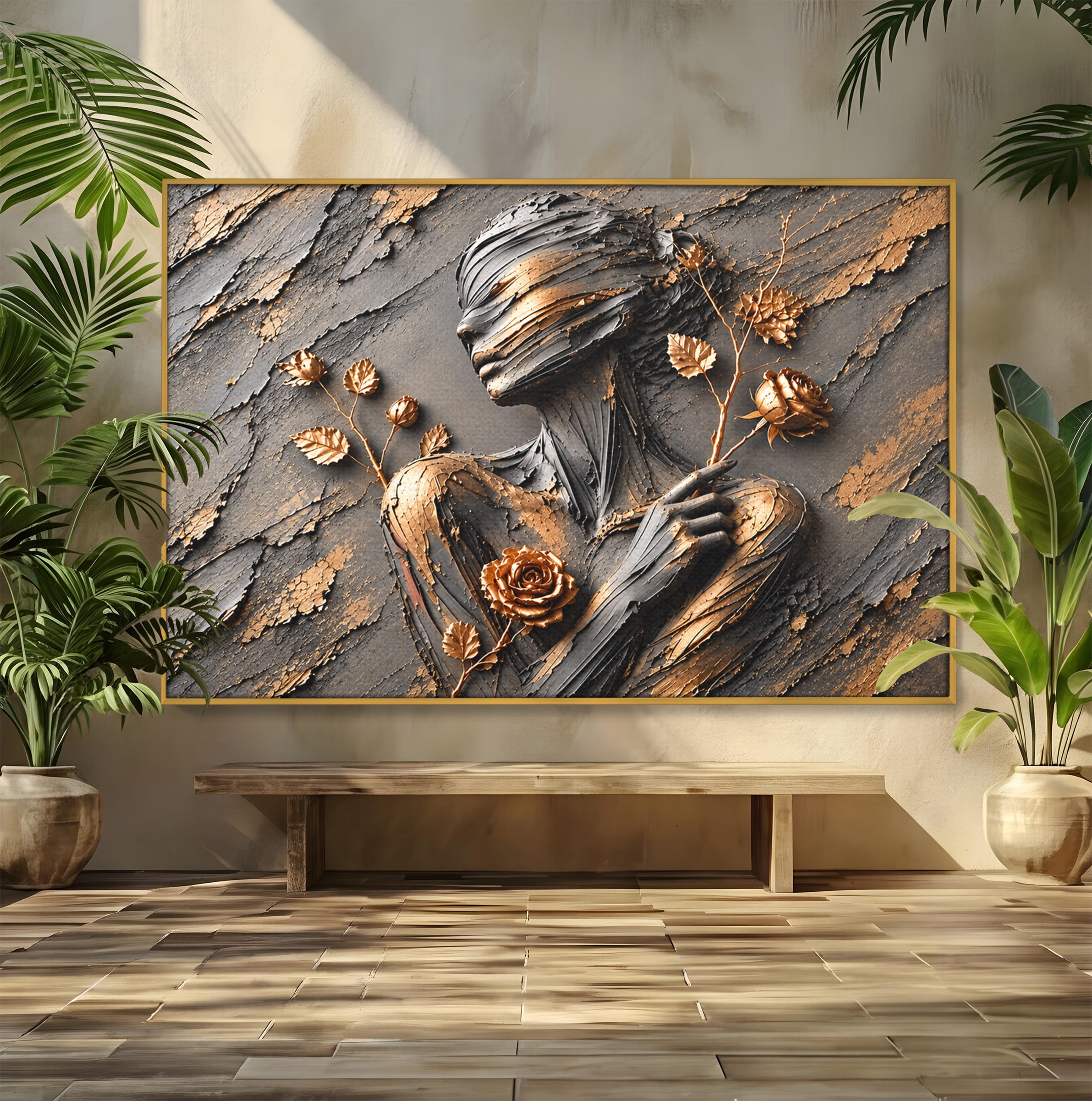 Tablou Canvas Premium LuxCanva® U1151, Femeie Sculptata In Flori, Arta, Sculptura, Flori, Living, Culori Vibrante