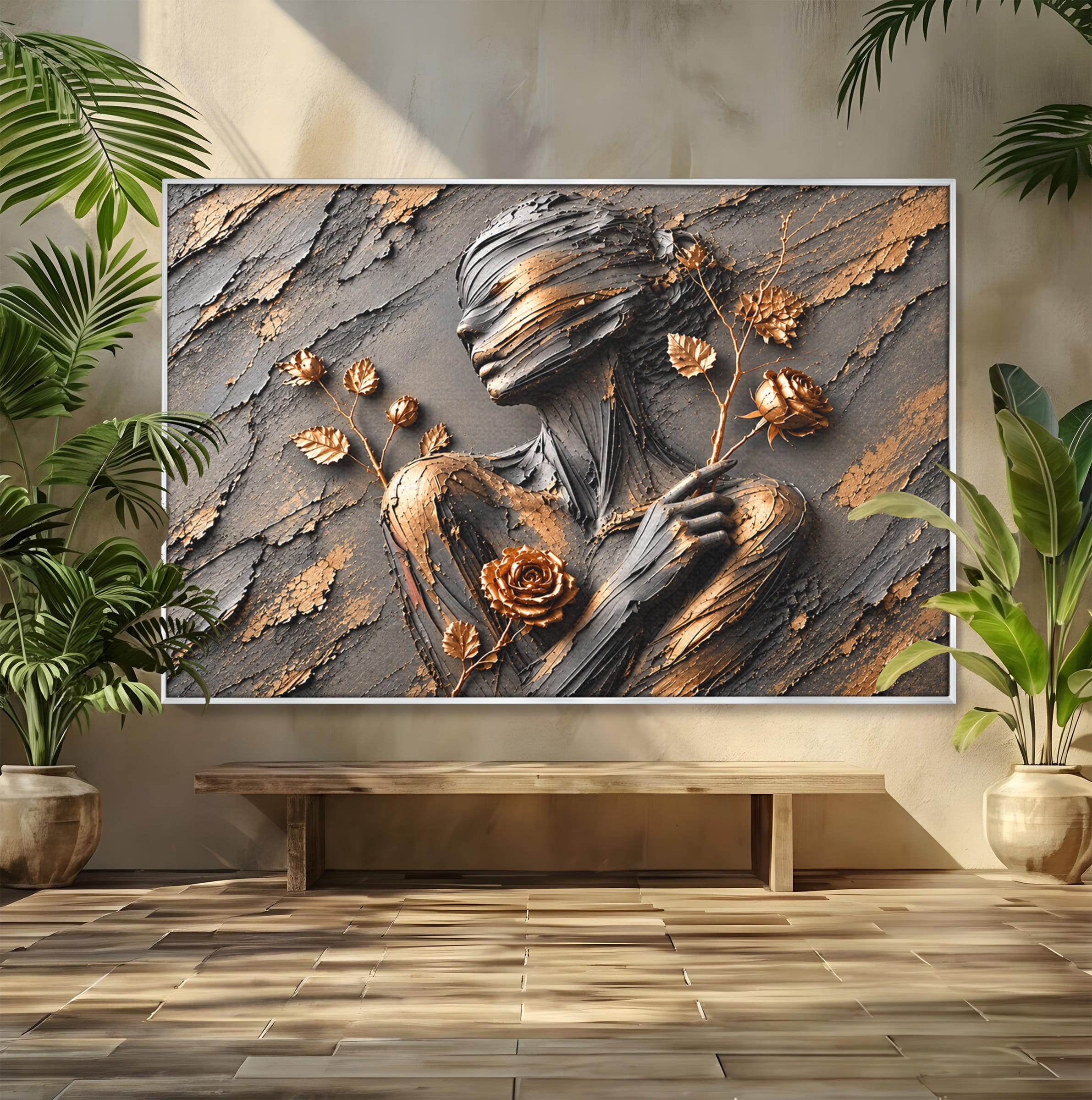 Tablou Canvas Premium LuxCanva® U1151, Femeie Sculptata In Flori, Arta, Sculptura, Flori, Living, Culori Vibrante