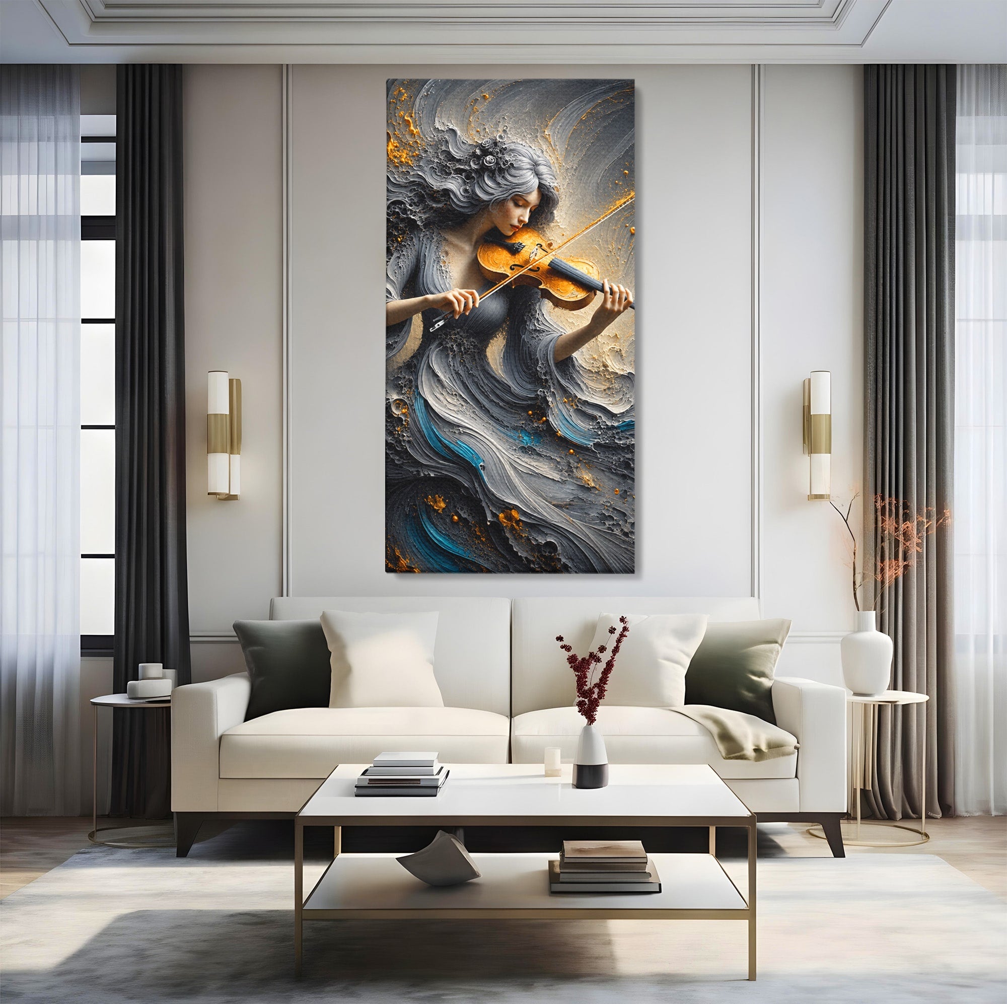 Tablou Canvas Premium LuxCanva® U1153, Femeie Cu Vioara, Vioara, Muzica, Arta, Living, Culori Vibrante