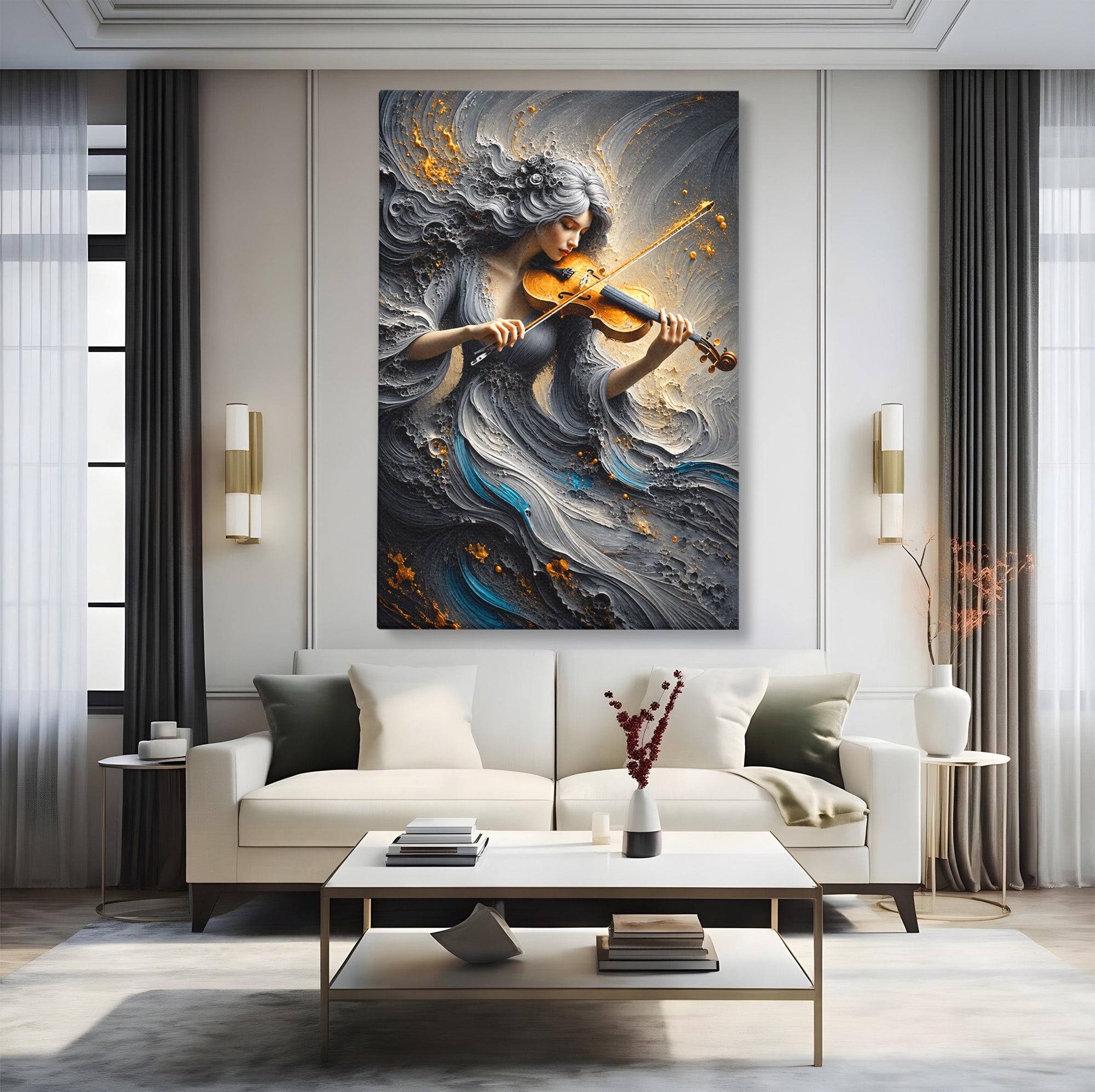 Tablou Canvas Premium LuxCanva® U1153, Femeie Cu Vioara, Vioara, Muzica, Arta, Living, Culori Vibrante