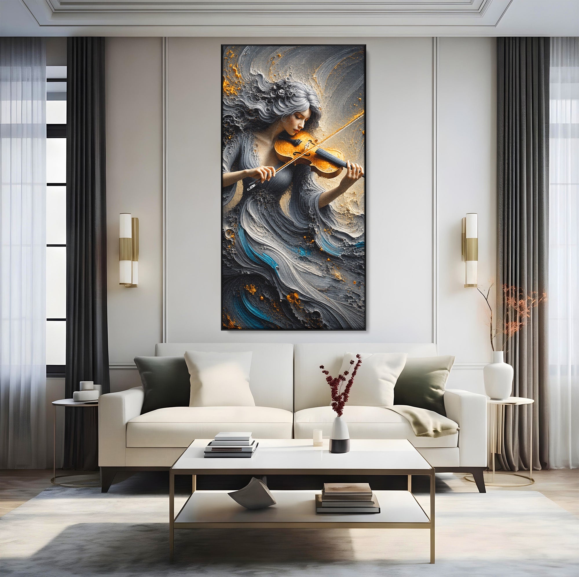 Tablou Canvas Premium LuxCanva® U1153, Femeie Cu Vioara, Vioara, Muzica, Arta, Living, Culori Vibrante