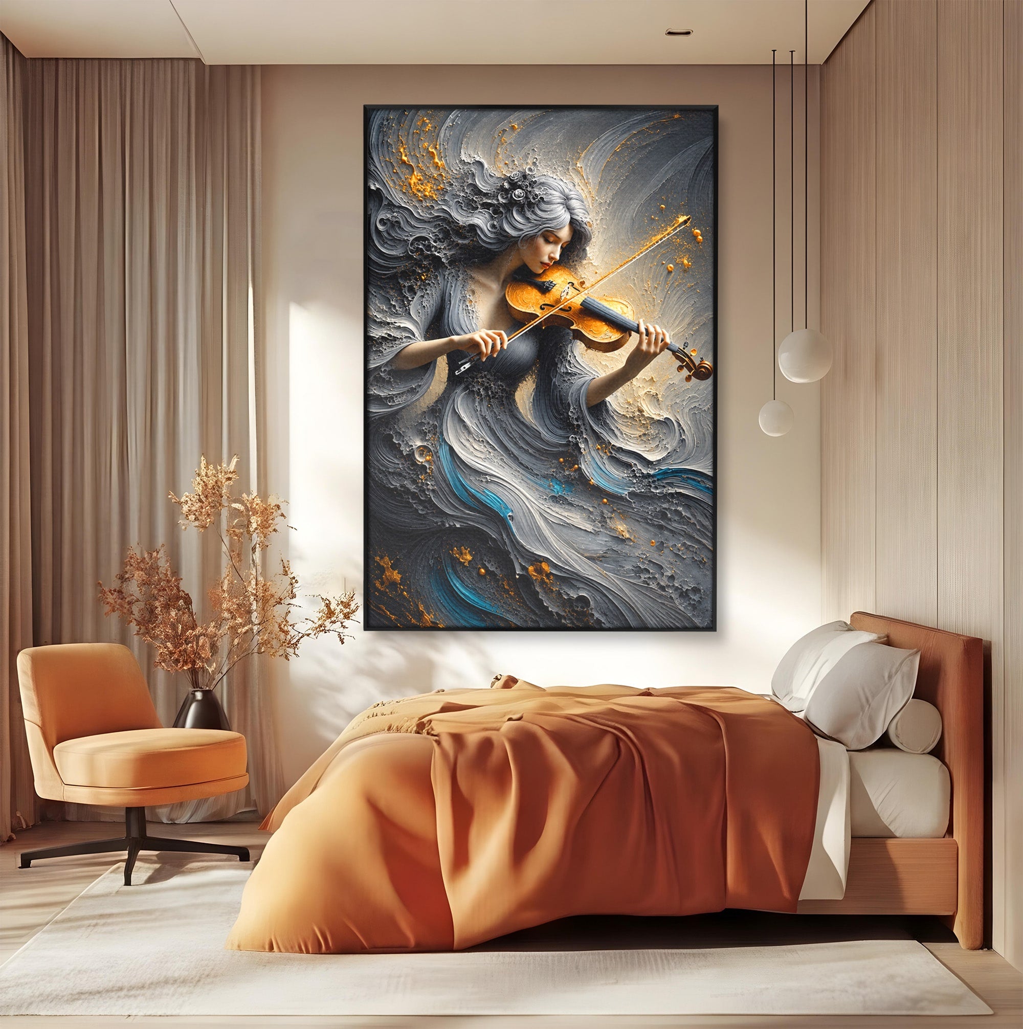 Tablou Canvas Premium LuxCanva® U1153, Femeie Cu Vioara, Vioara, Muzica, Arta, Living, Culori Vibrante