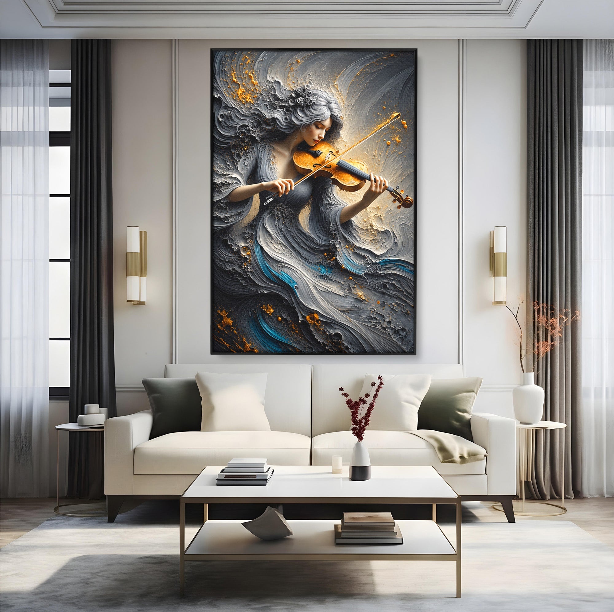 Tablou Canvas Premium LuxCanva® U1153, Femeie Cu Vioara, Vioara, Muzica, Arta, Living, Culori Vibrante