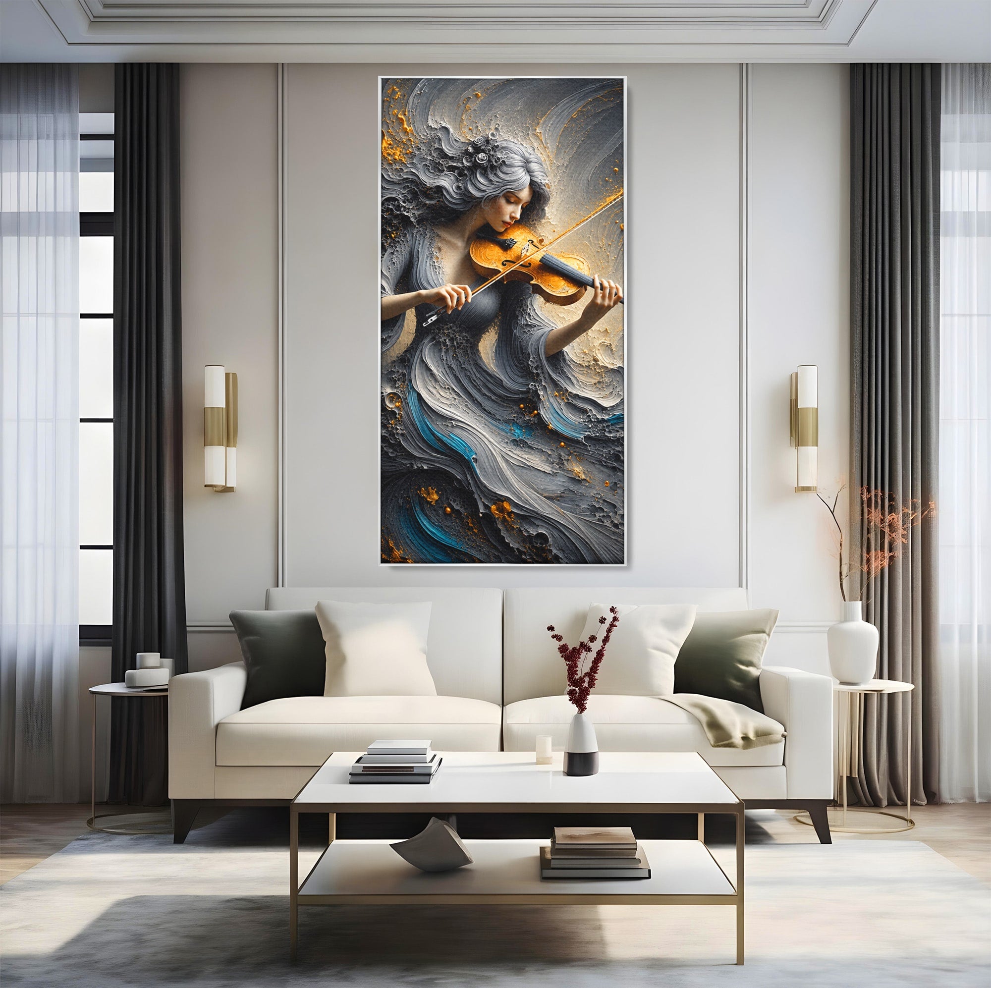 Tablou Canvas Premium LuxCanva® U1153, Femeie Cu Vioara, Vioara, Muzica, Arta, Living, Culori Vibrante