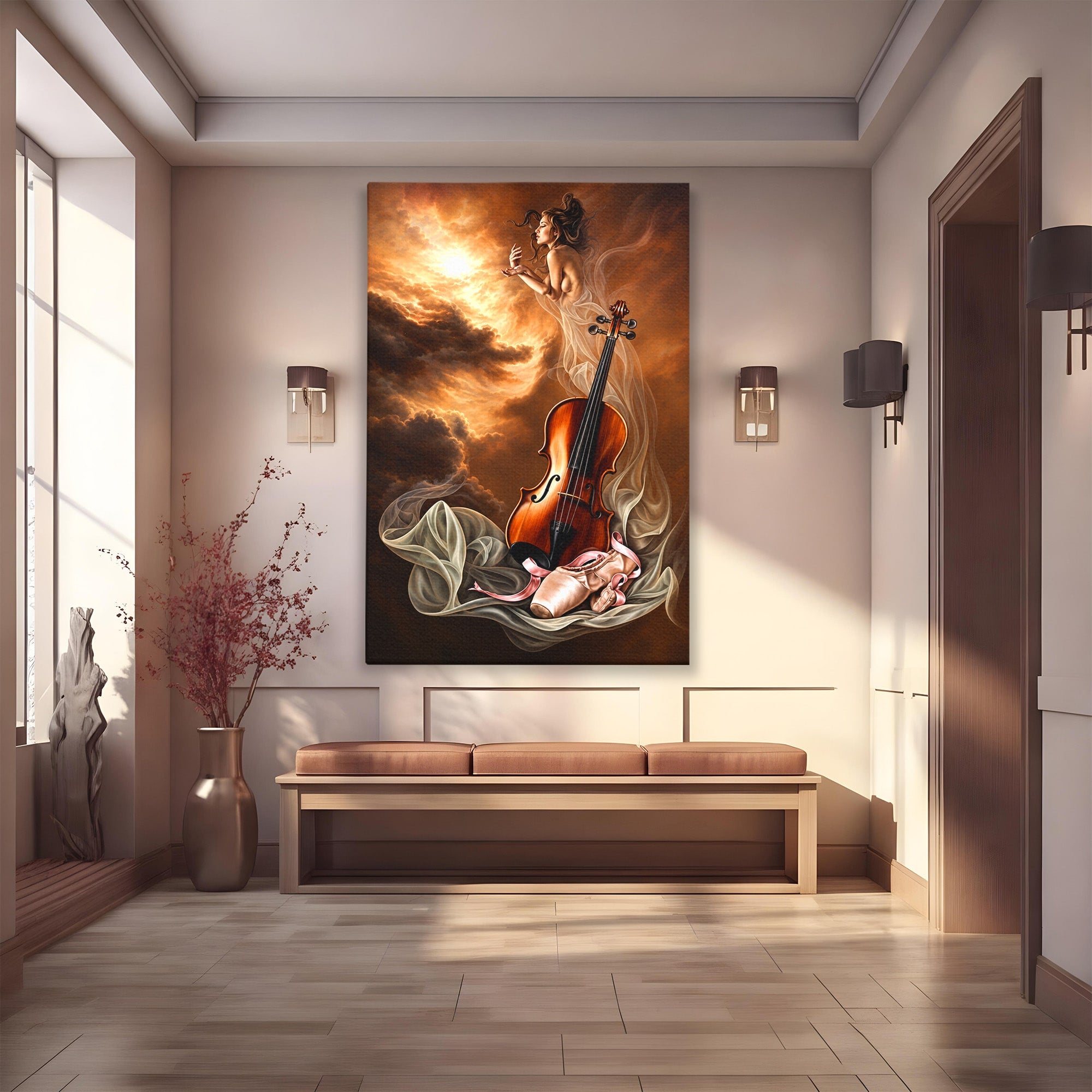 Tablou Canvas Premium LuxCanva® U1154, Dansul Muzicii, Dansatoare, Vioara, Arta, Eleganta, Living, Culori Vibrante