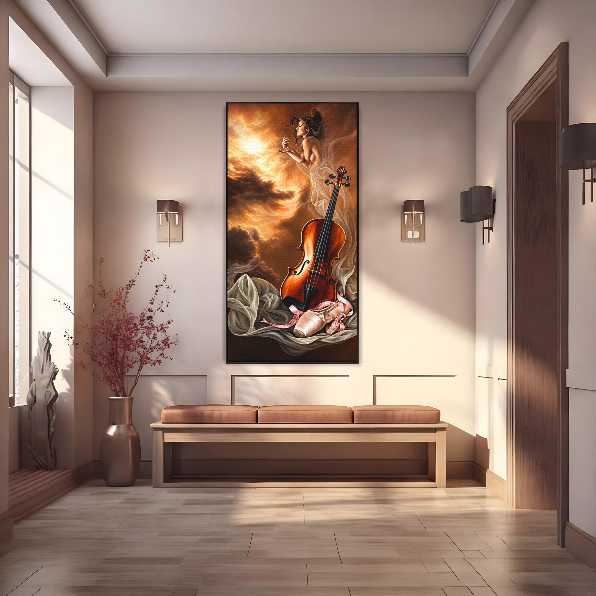 Tablou Canvas Premium LuxCanva® U1154, Dansul Muzicii, Dansatoare, Vioara, Arta, Eleganta, Living, Culori Vibrante