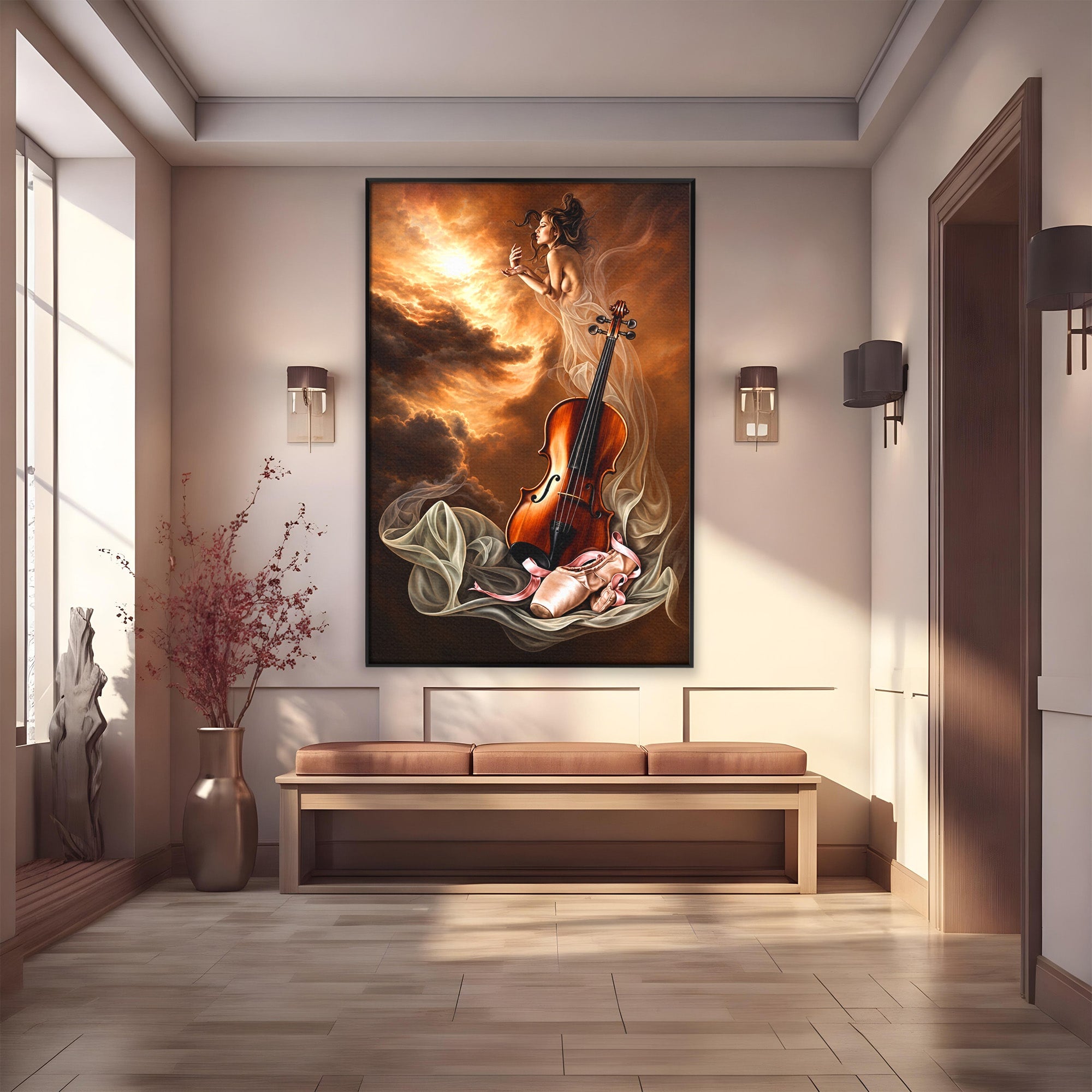 Tablou Canvas Premium LuxCanva® U1154, Dansul Muzicii, Dansatoare, Vioara, Arta, Eleganta, Living, Culori Vibrante