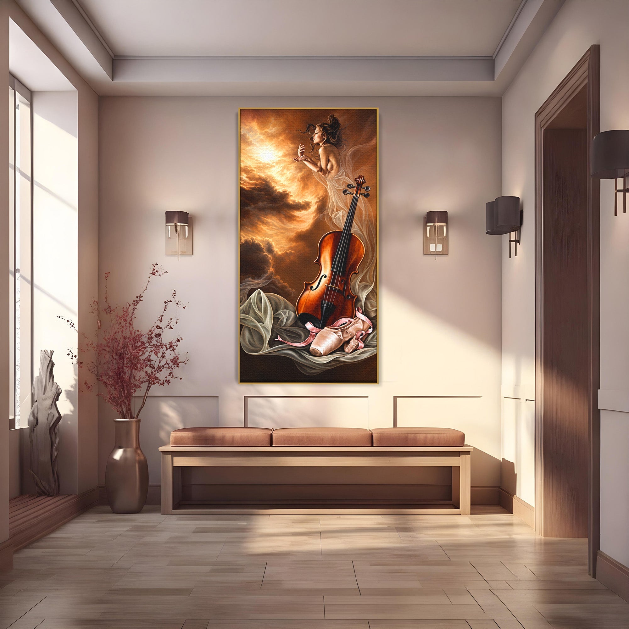 Tablou Canvas Premium LuxCanva® U1154, Dansul Muzicii, Dansatoare, Vioara, Arta, Eleganta, Living, Culori Vibrante