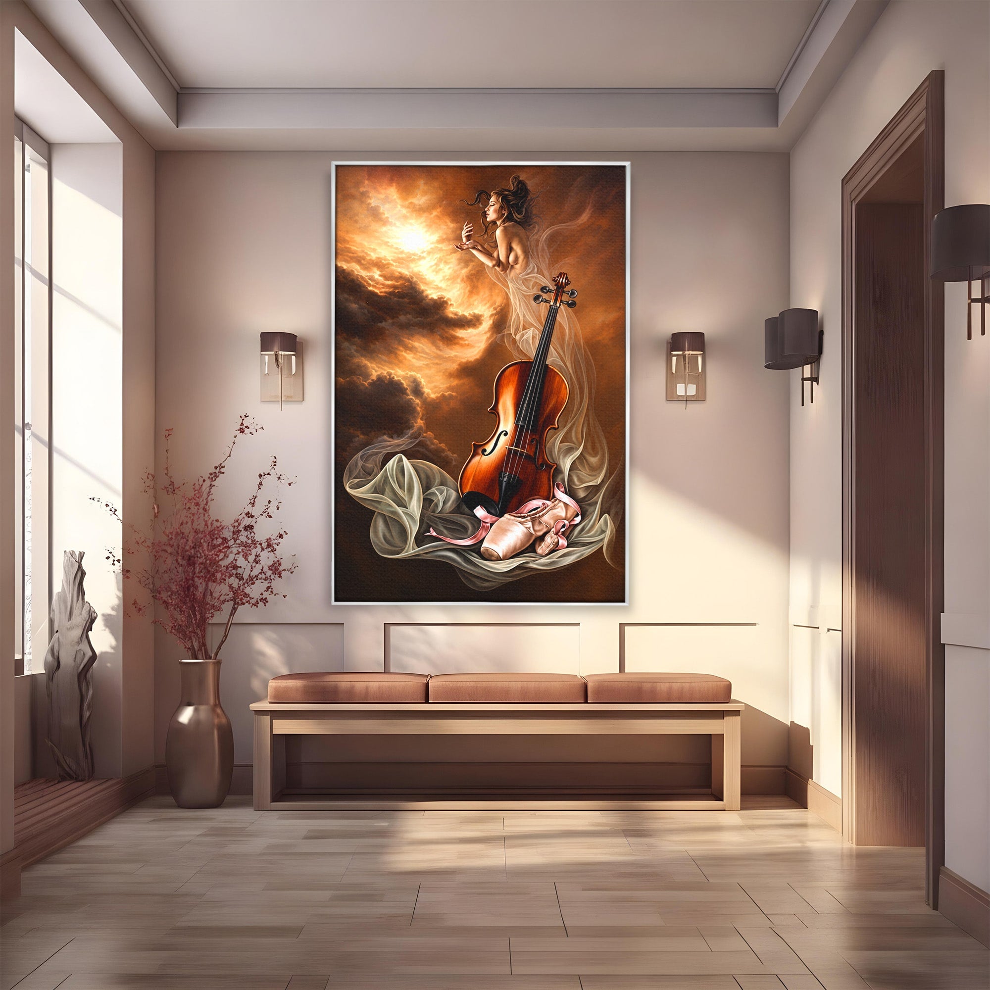 Tablou Canvas Premium LuxCanva® U1154, Dansul Muzicii, Dansatoare, Vioara, Arta, Eleganta, Living, Culori Vibrante