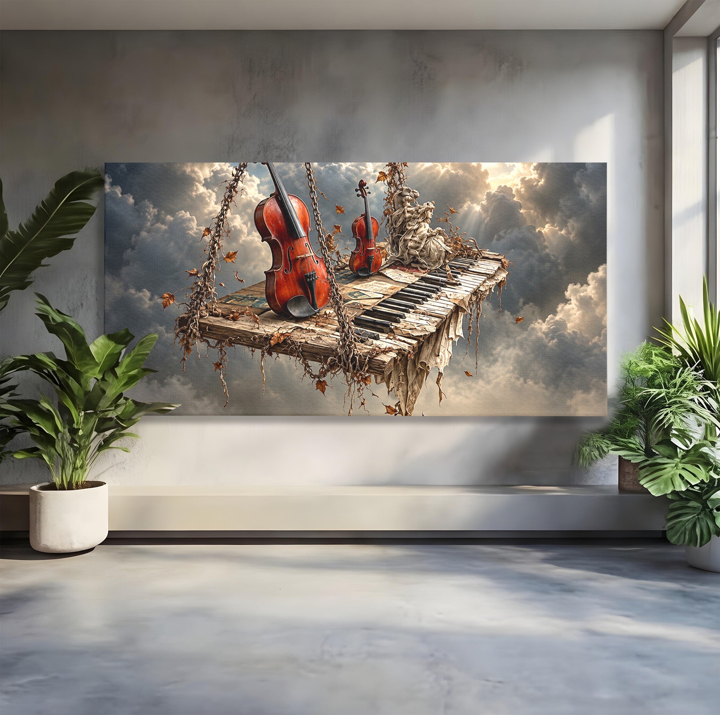 Tablou Canvas Premium LuxCanva® U1156, Armonia Elementelor, Vioara, Pian, Natura, Fantezie, Living, Culori Vibrante