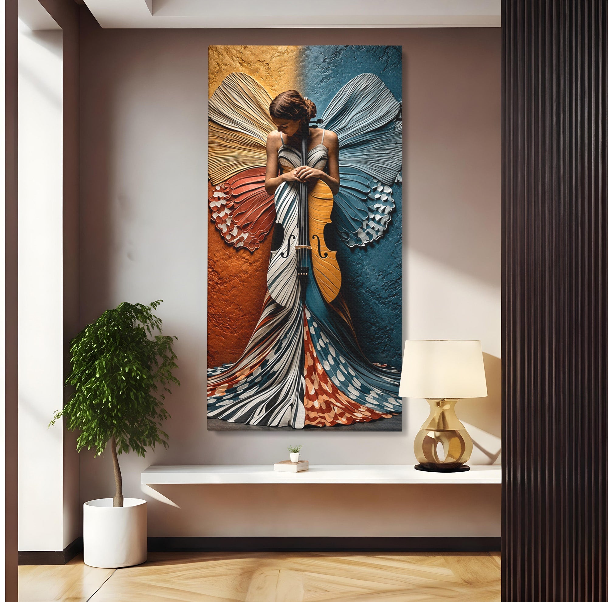 Tablou Canvas Premium LuxCanva® U1157, Fata Cu Aripi De Fluture, Muzica, Aripi, Fata, Fluture, Living, Culori Vibrante