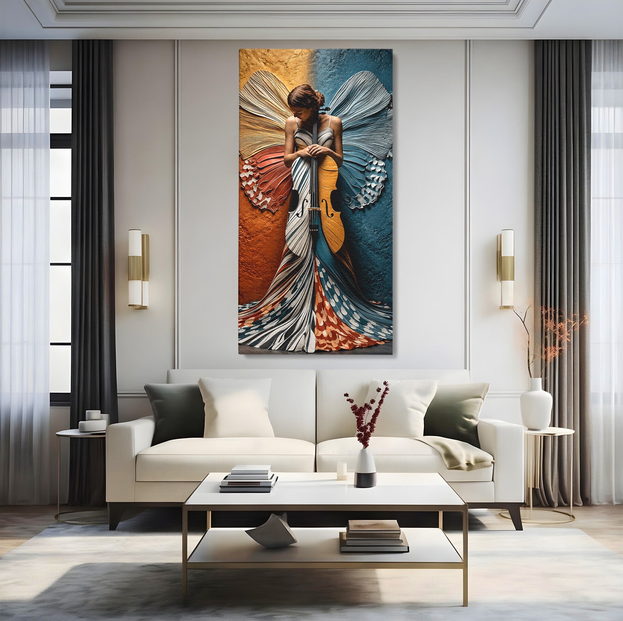 Tablou Canvas Premium LuxCanva® U1157, Fata Cu Aripi De Fluture, Muzica, Aripi, Fata, Fluture, Living, Culori Vibrante