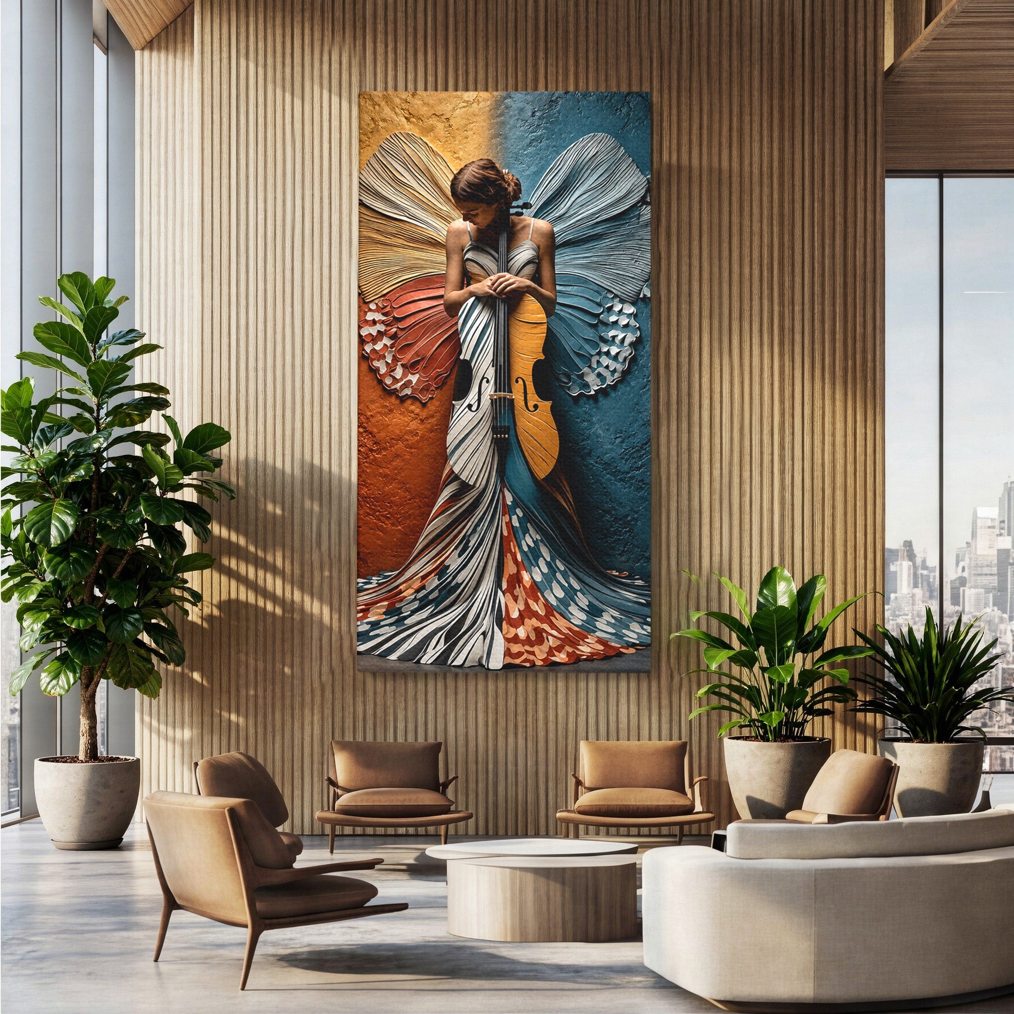 Tablou Canvas Premium LuxCanva® U1157, Fata Cu Aripi De Fluture, Muzica, Aripi, Fata, Fluture, Living, Culori Vibrante