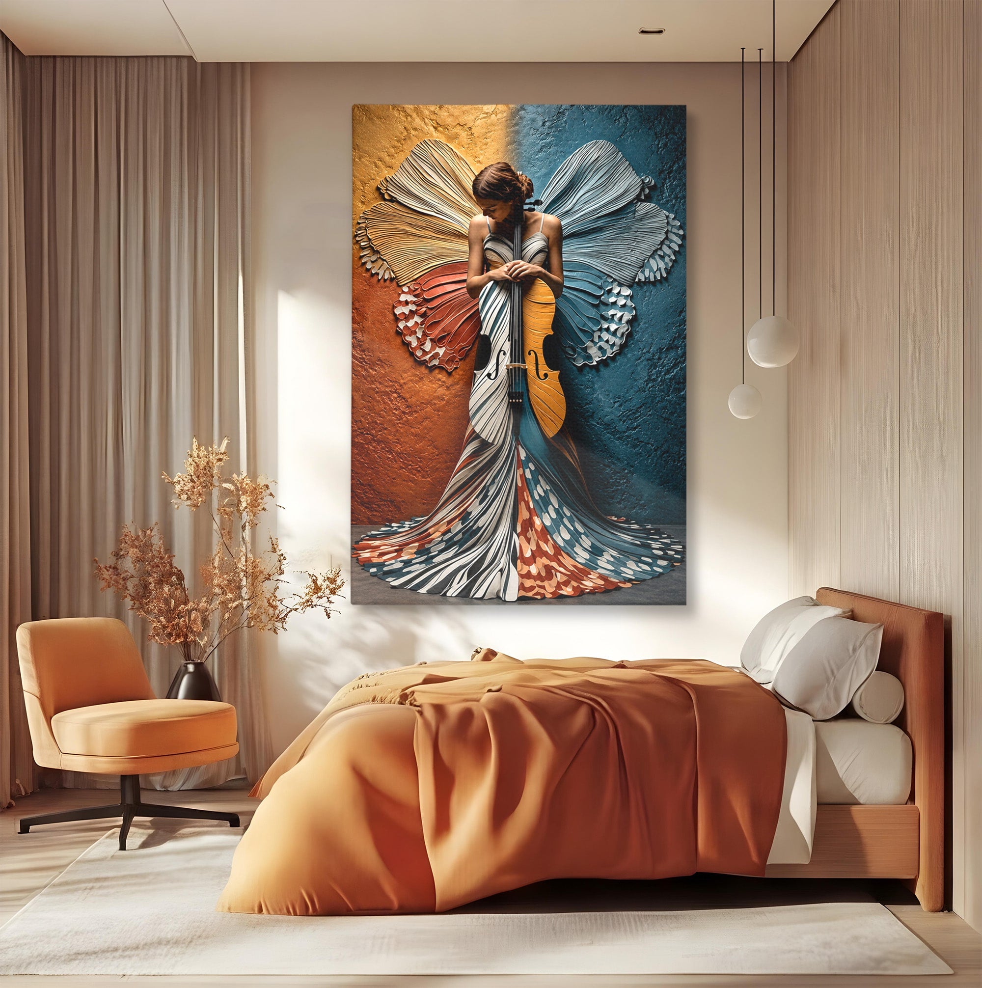Tablou Canvas Premium LuxCanva® U1157, Fata Cu Aripi De Fluture, Muzica, Aripi, Fata, Fluture, Living, Culori Vibrante