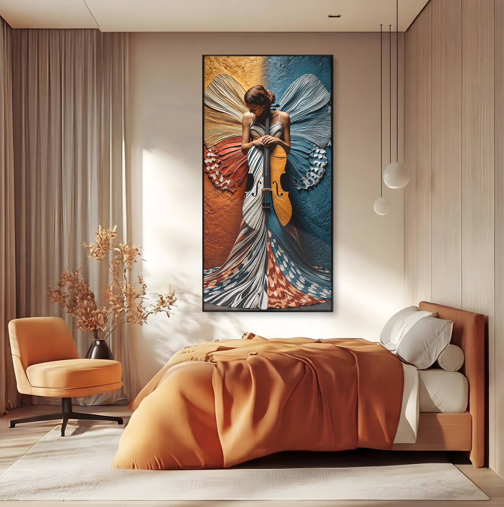 Tablou Canvas Premium LuxCanva® U1157, Fata Cu Aripi De Fluture, Muzica, Aripi, Fata, Fluture, Living, Culori Vibrante