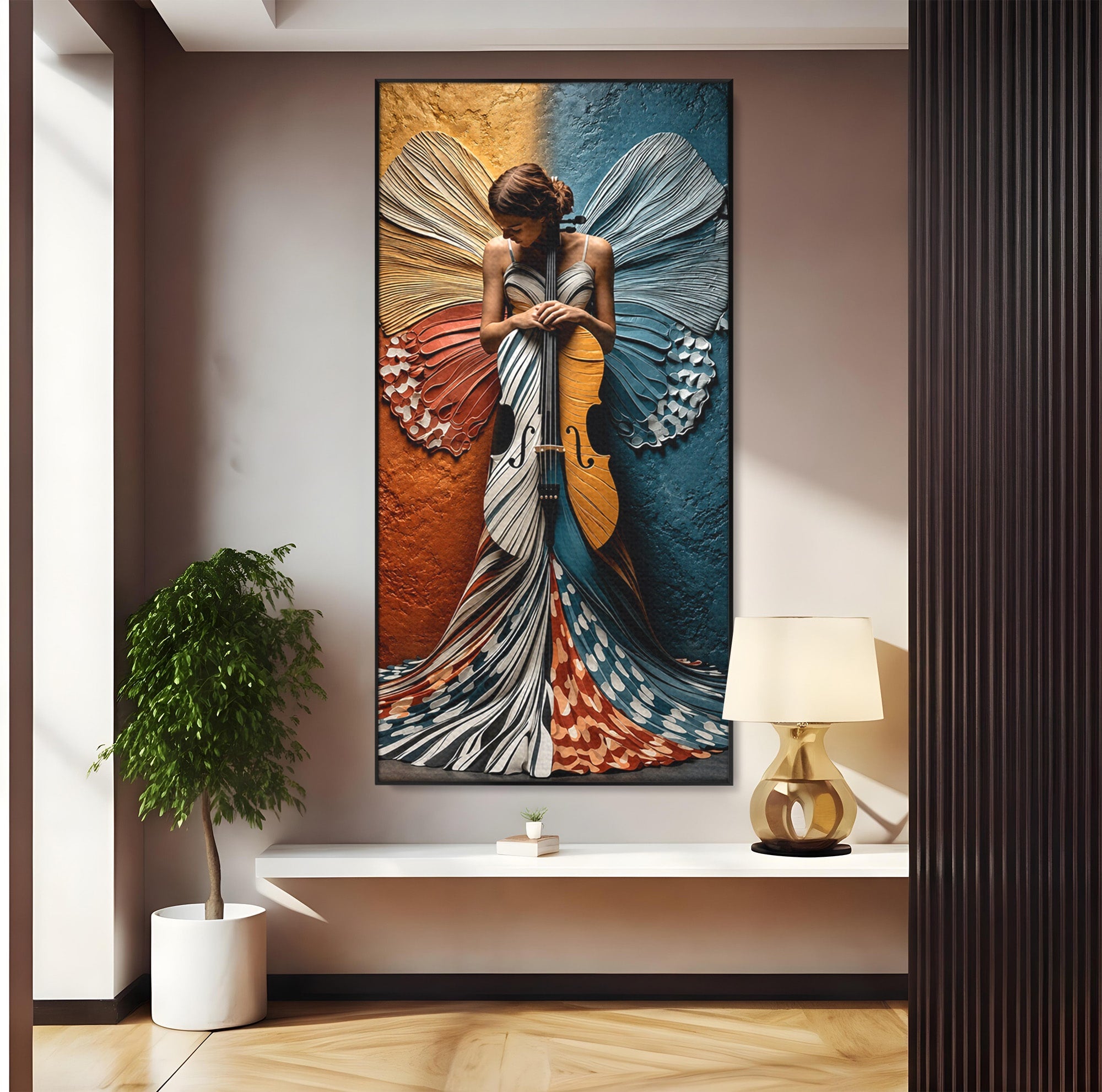 Tablou Canvas Premium LuxCanva® U1157, Fata Cu Aripi De Fluture, Muzica, Aripi, Fata, Fluture, Living, Culori Vibrante