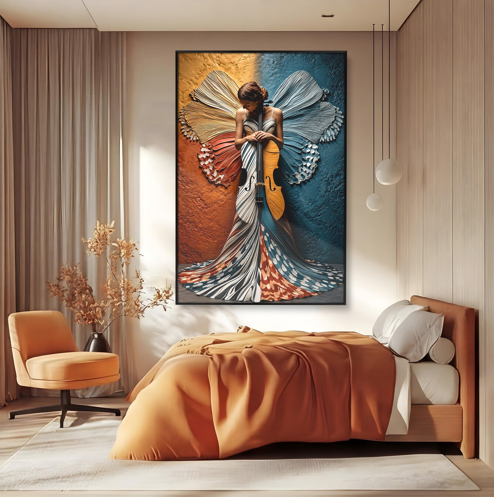 Tablou Canvas Premium LuxCanva® U1157, Fata Cu Aripi De Fluture, Muzica, Aripi, Fata, Fluture, Living, Culori Vibrante