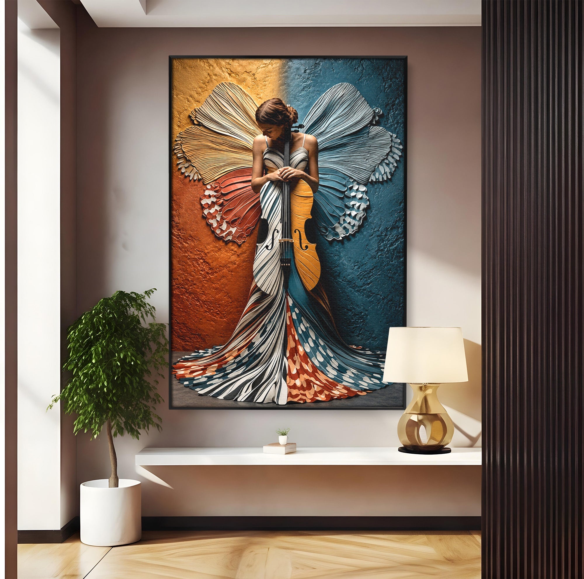 Tablou Canvas Premium LuxCanva® U1157, Fata Cu Aripi De Fluture, Muzica, Aripi, Fata, Fluture, Living, Culori Vibrante