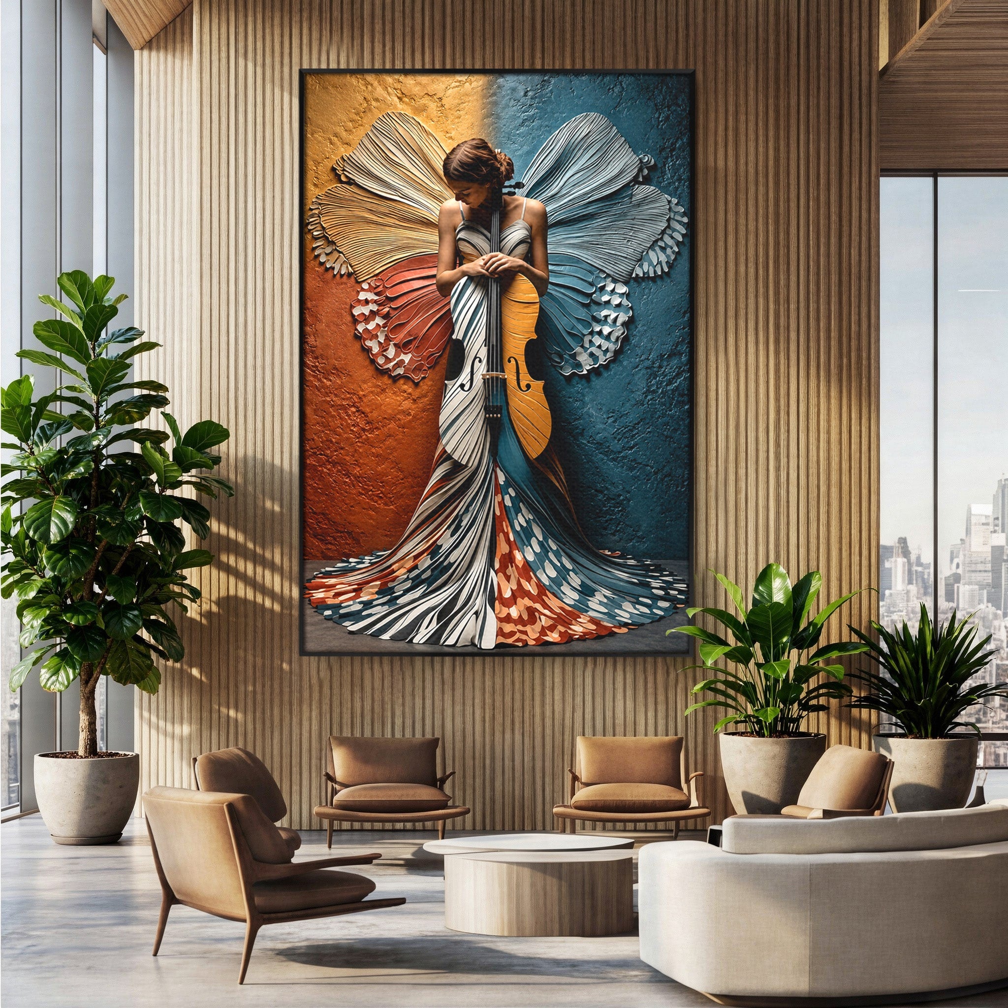 Tablou Canvas Premium LuxCanva® U1157, Fata Cu Aripi De Fluture, Muzica, Aripi, Fata, Fluture, Living, Culori Vibrante