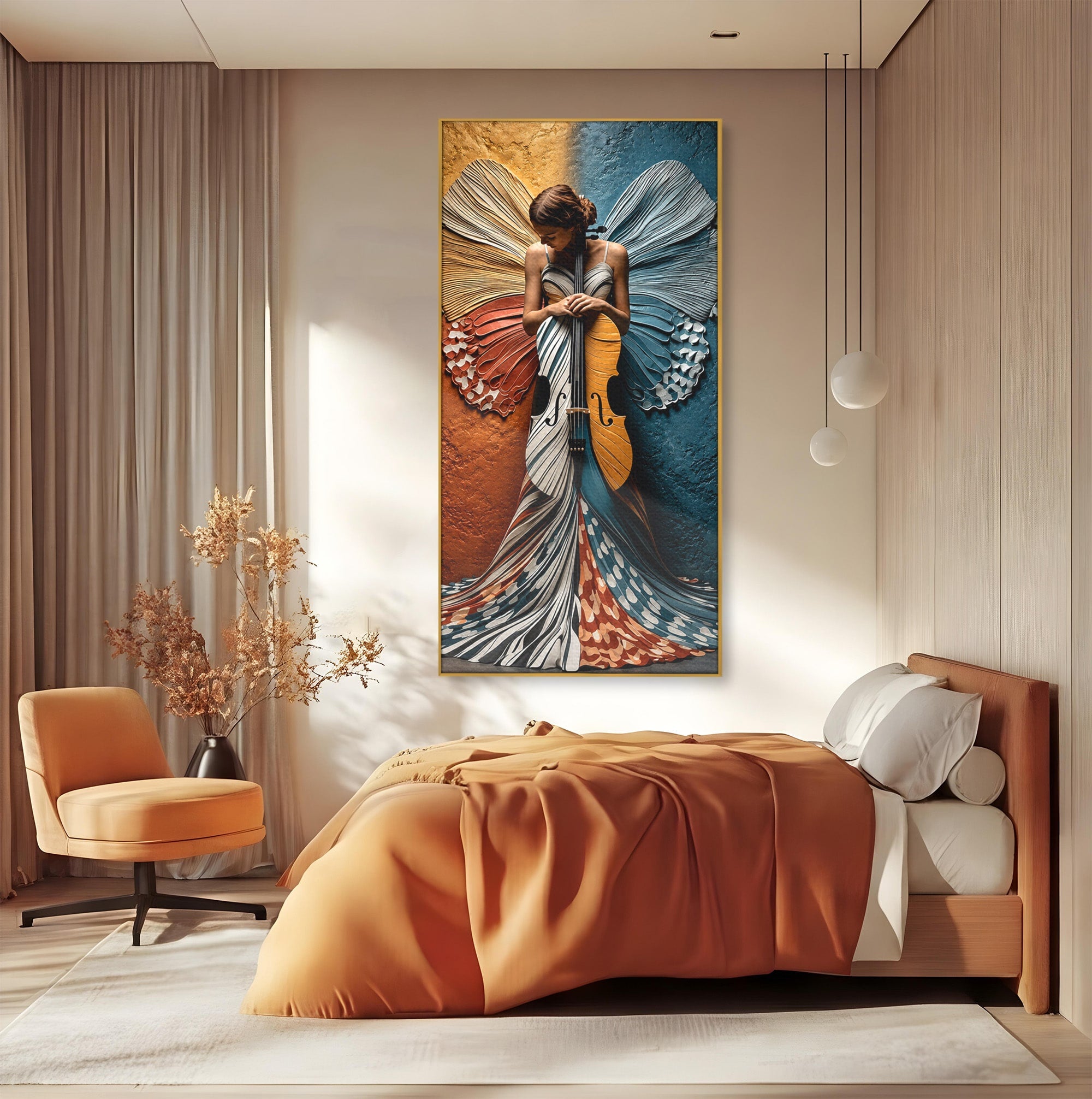 Tablou Canvas Premium LuxCanva® U1157, Fata Cu Aripi De Fluture, Muzica, Aripi, Fata, Fluture, Living, Culori Vibrante