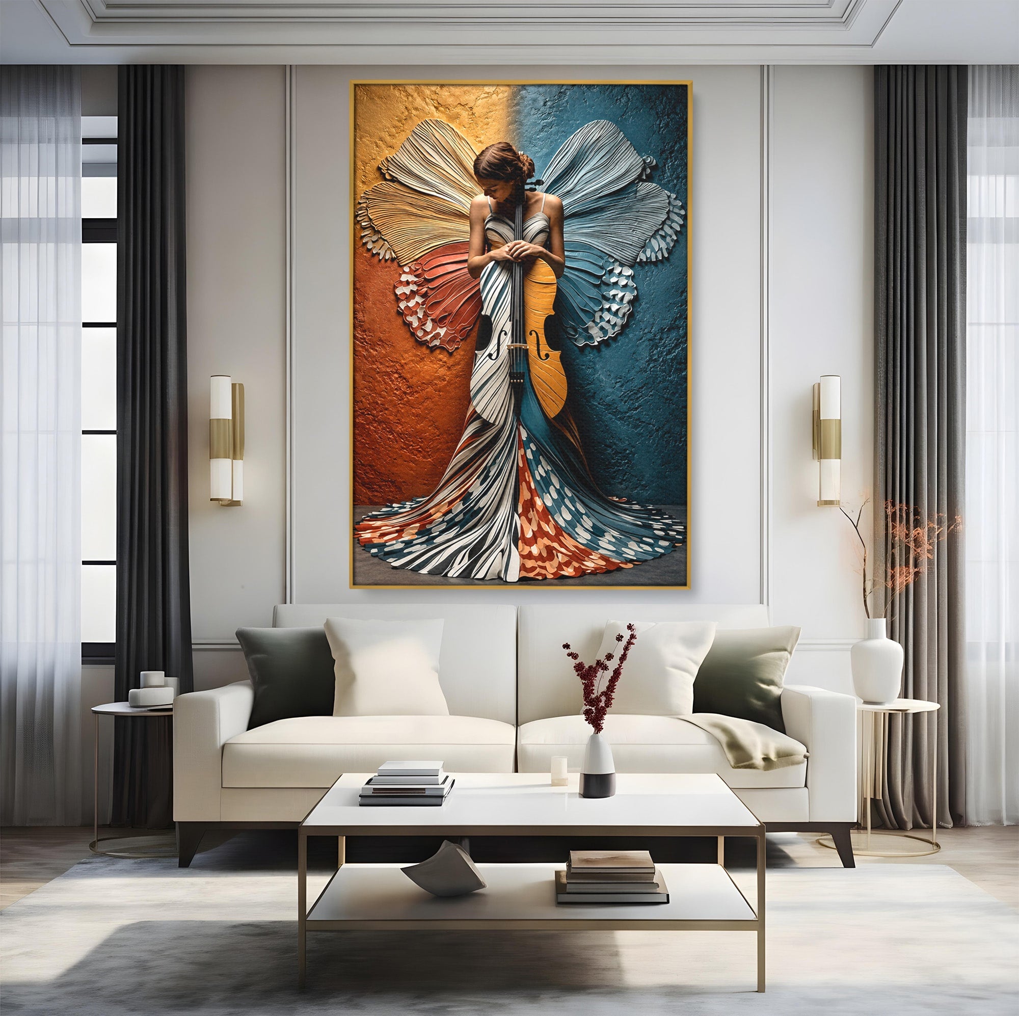 Tablou Canvas Premium LuxCanva® U1157, Fata Cu Aripi De Fluture, Muzica, Aripi, Fata, Fluture, Living, Culori Vibrante