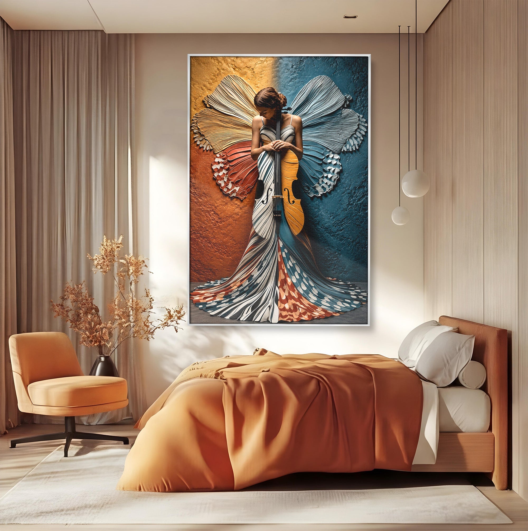 Tablou Canvas Premium LuxCanva® U1157, Fata Cu Aripi De Fluture, Muzica, Aripi, Fata, Fluture, Living, Culori Vibrante