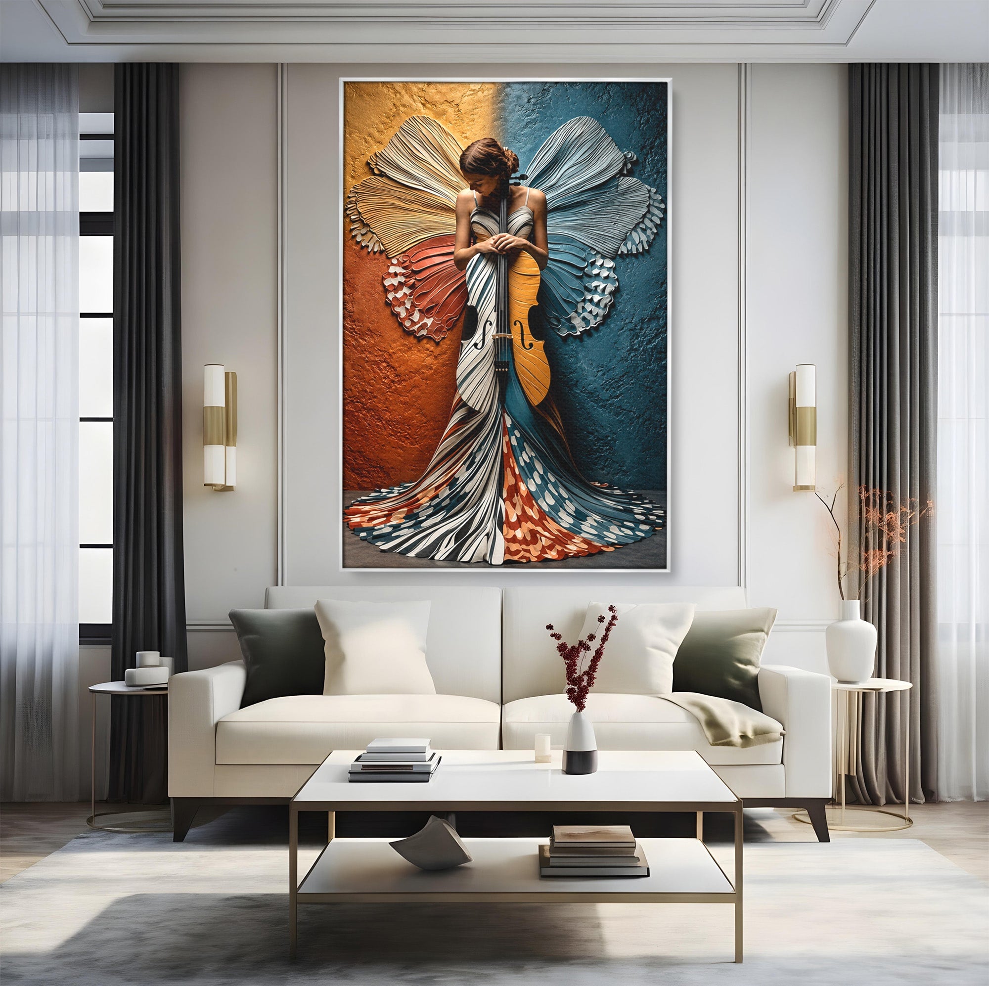 Tablou Canvas Premium LuxCanva® U1157, Fata Cu Aripi De Fluture, Muzica, Aripi, Fata, Fluture, Living, Culori Vibrante