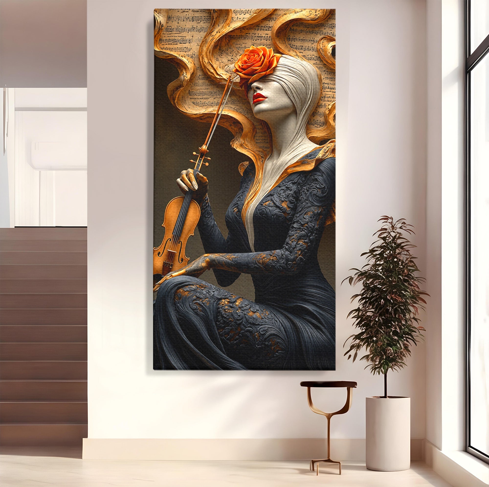 Tablou Canvas Premium LuxCanva® U1158, Muzica Interioara, Femeie, Vioara, Muzica, Arta, Living, Culori Vibrante
